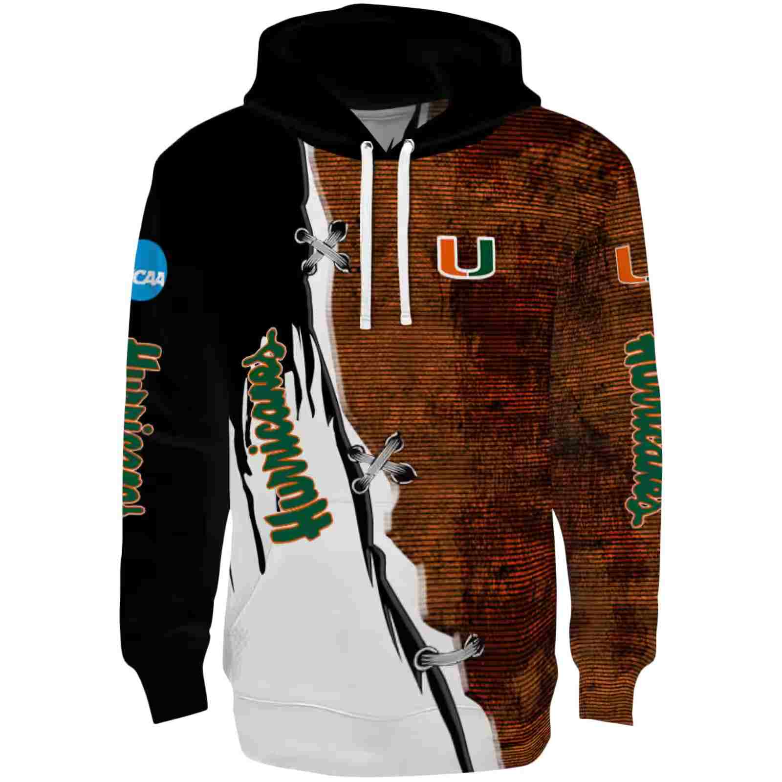 Miami Hurricanes Ripped Pattern Orange Black White Hoodie