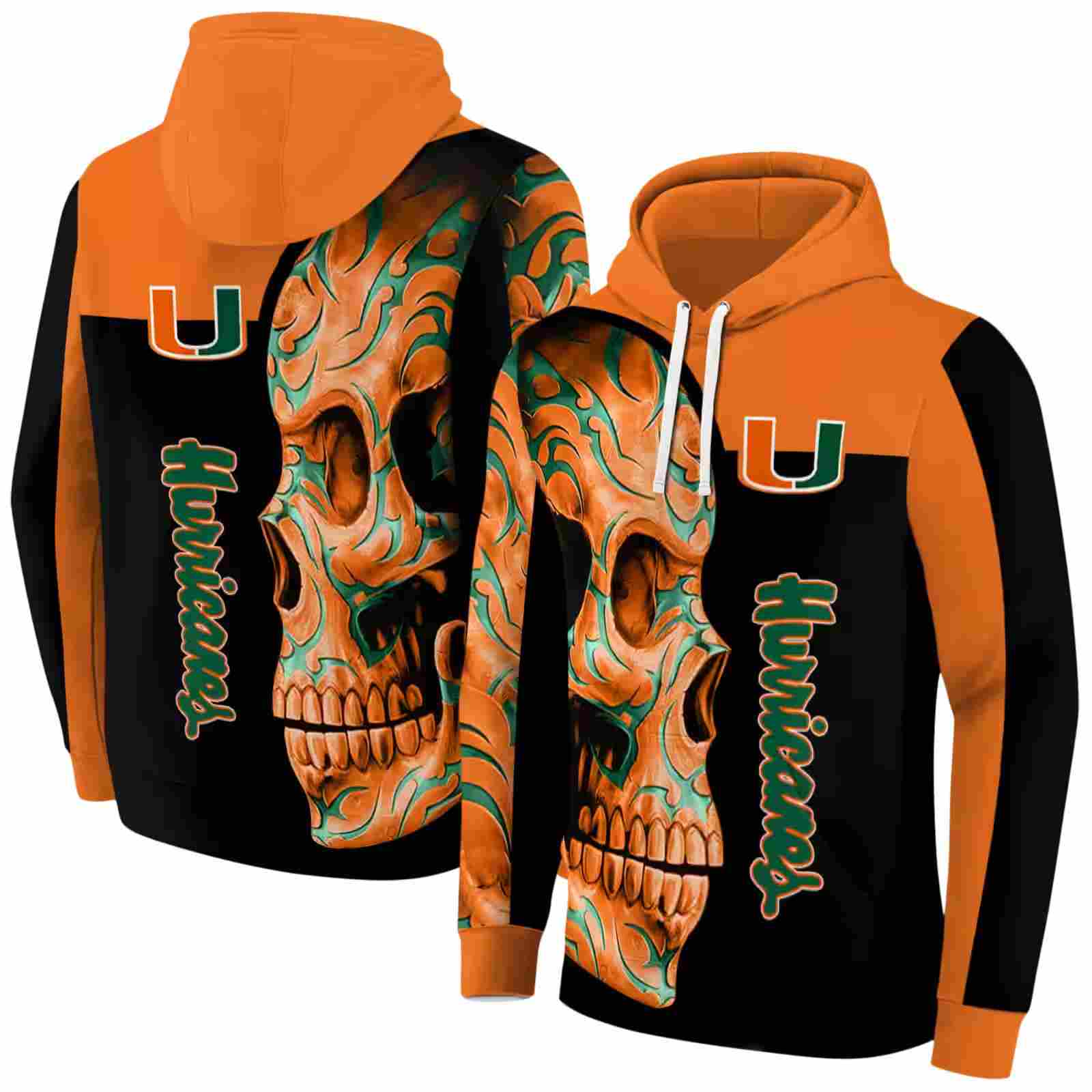 miami hurricanes skull motif orange black hoodie fashion forward