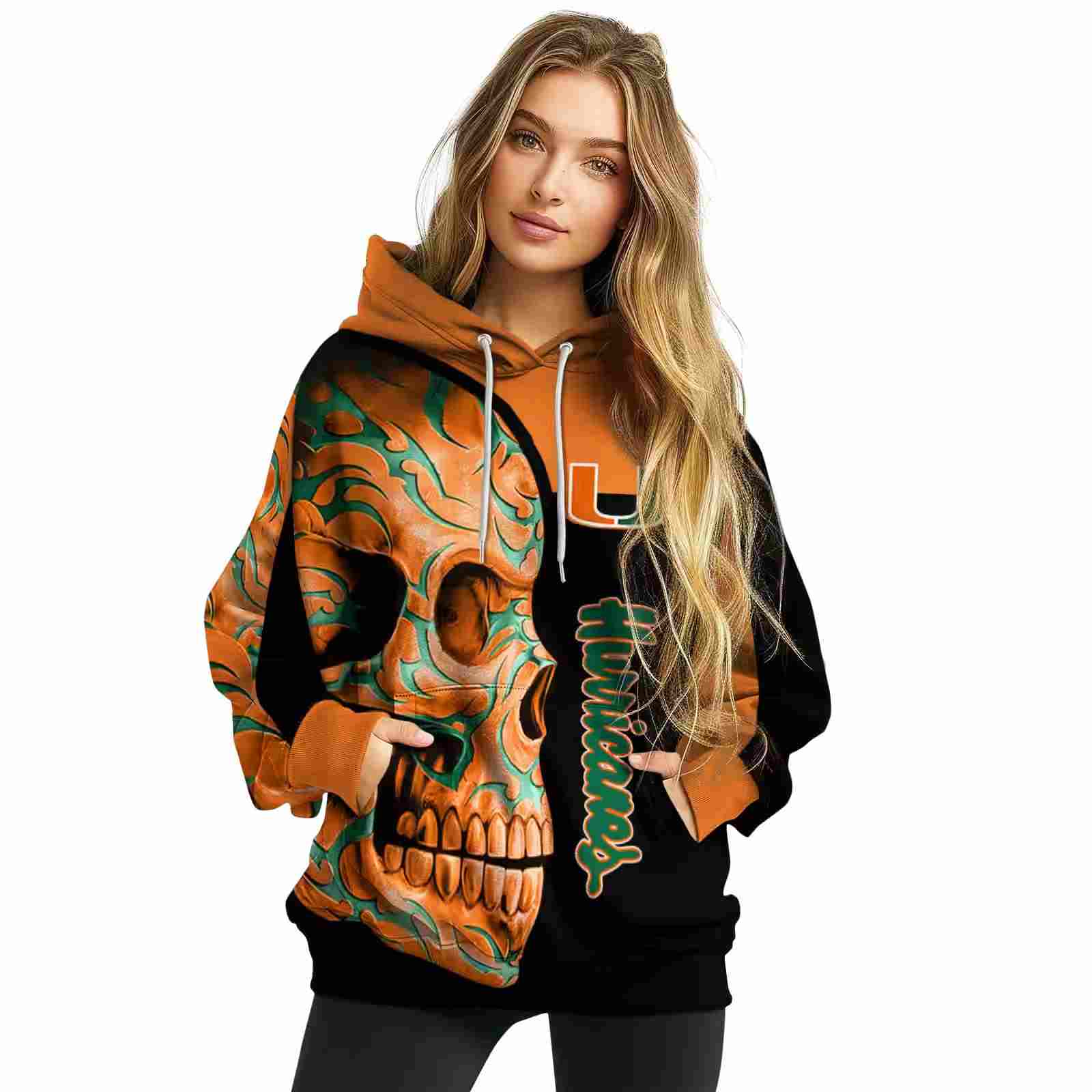 miami hurricanes skull motif orange black hoodie high quality