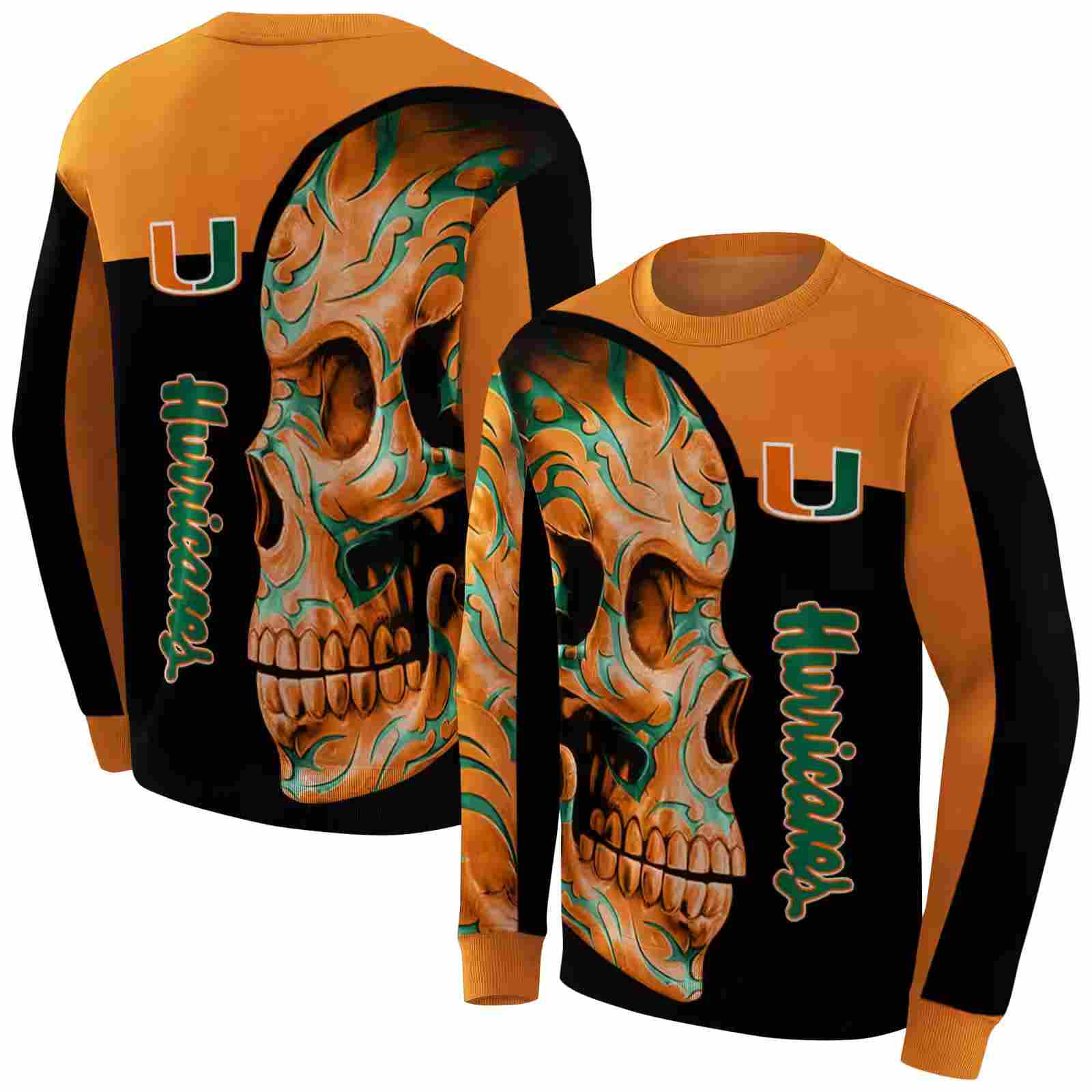 miami hurricanes skull motif orange black hoodie premium grade