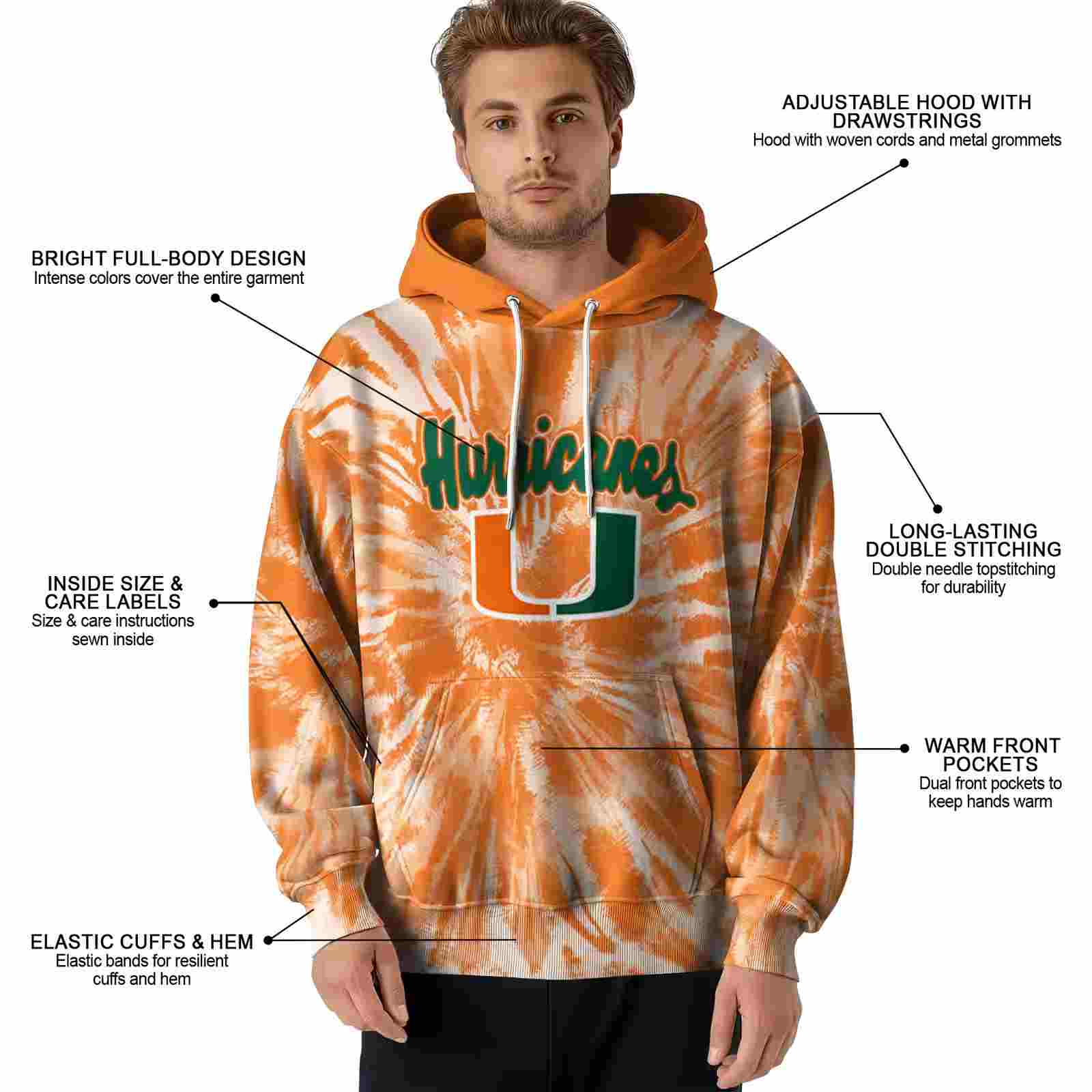 miami hurricanes tie dye pattern orange hoodie latest model