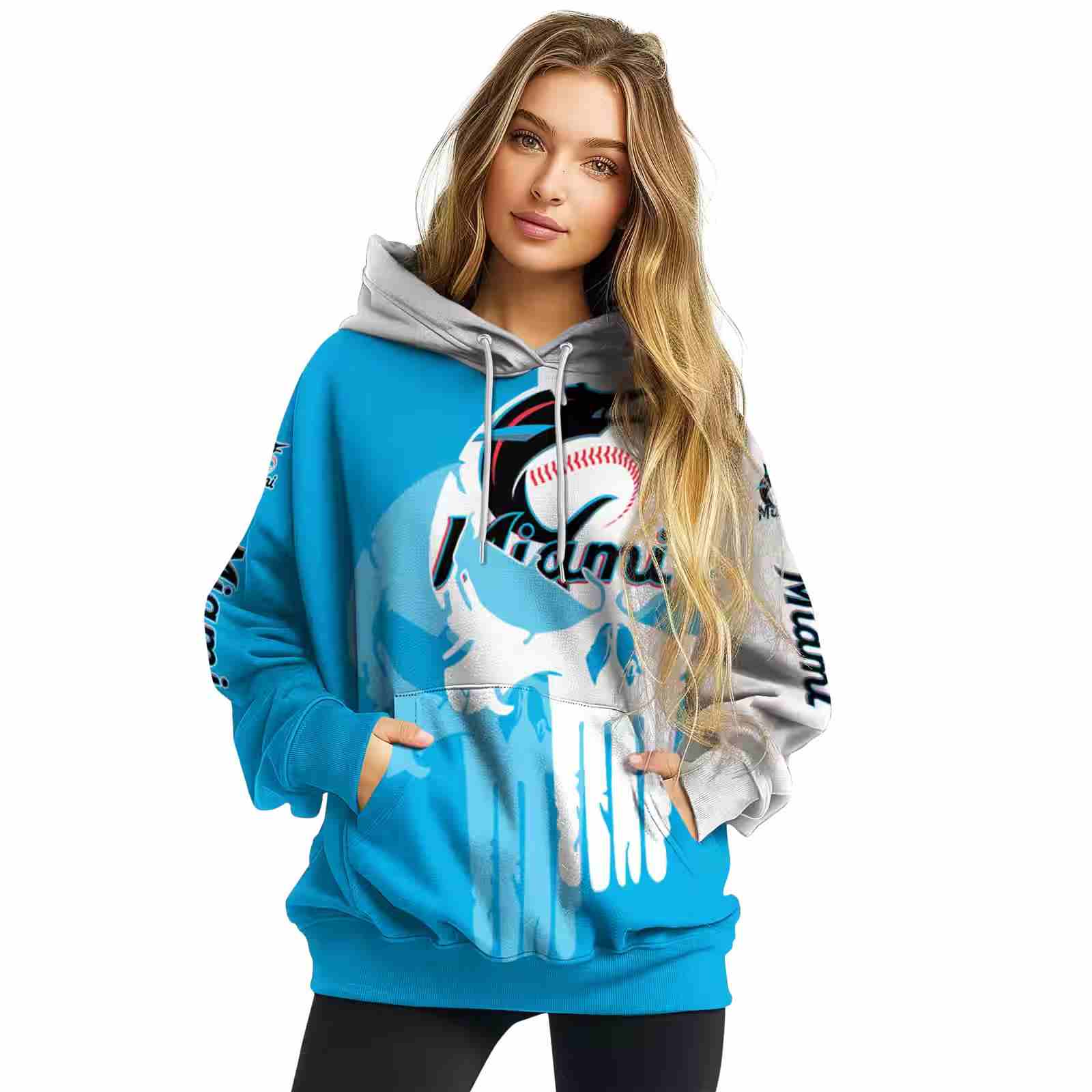 miami marlins graphic punisher blue white hoodie high quality