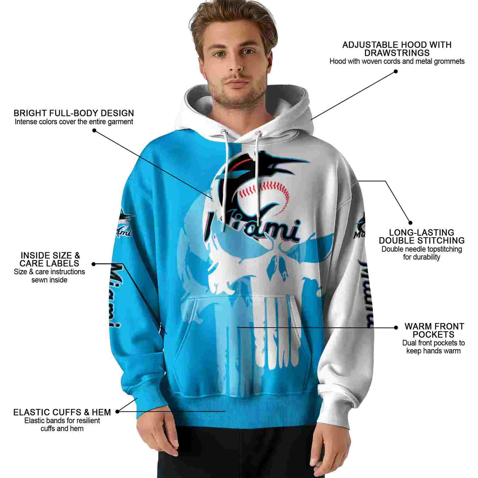 miami marlins graphic punisher blue white hoodie latest model