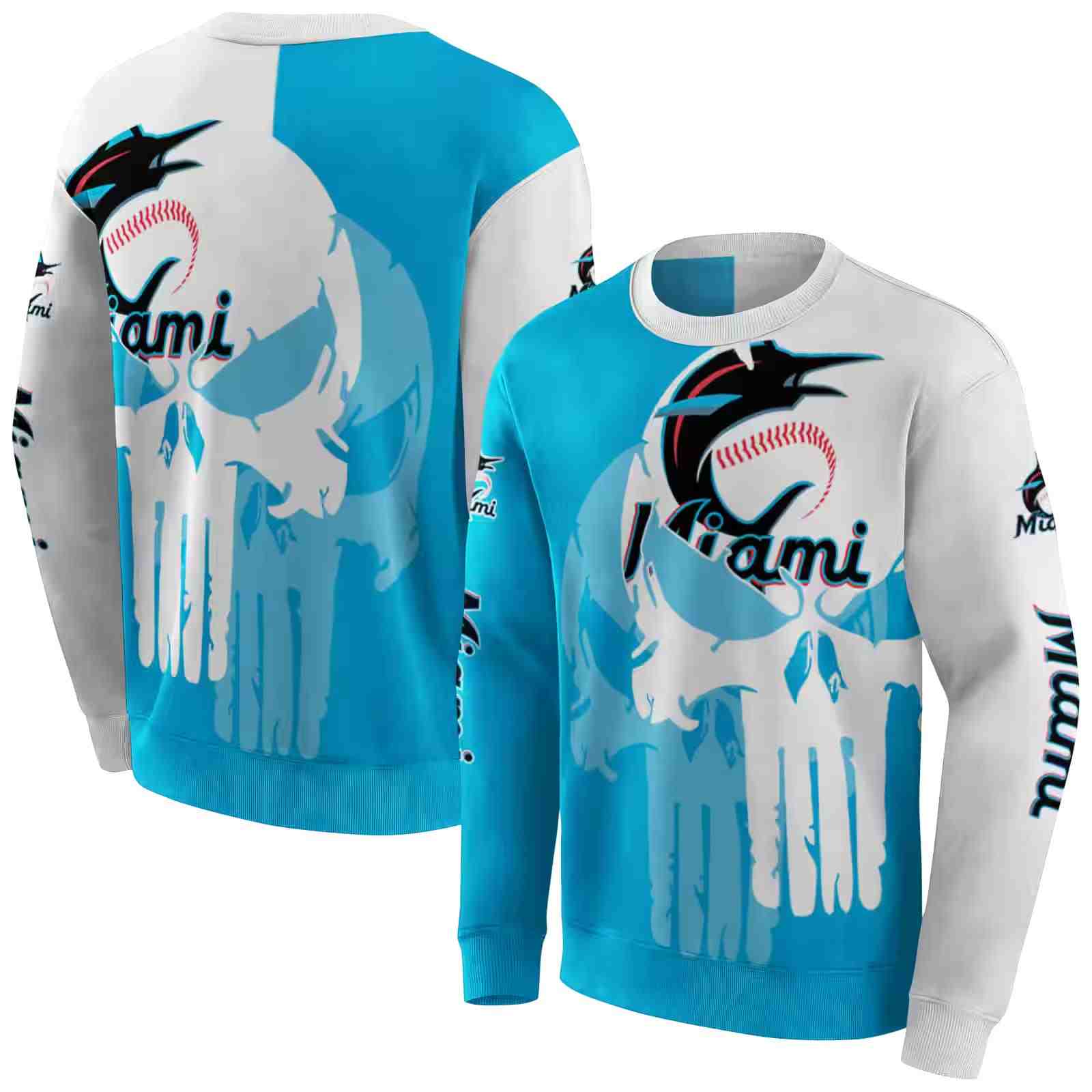 miami marlins graphic punisher blue white hoodie premium grade