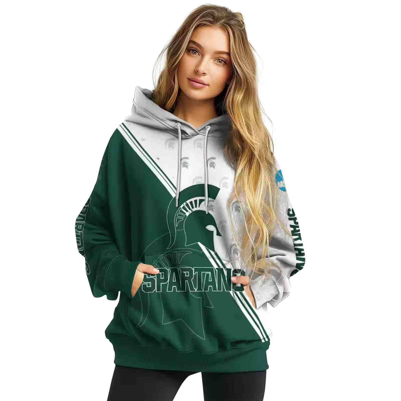 michigan state spartans diagonal stripe green white hoodie high quality