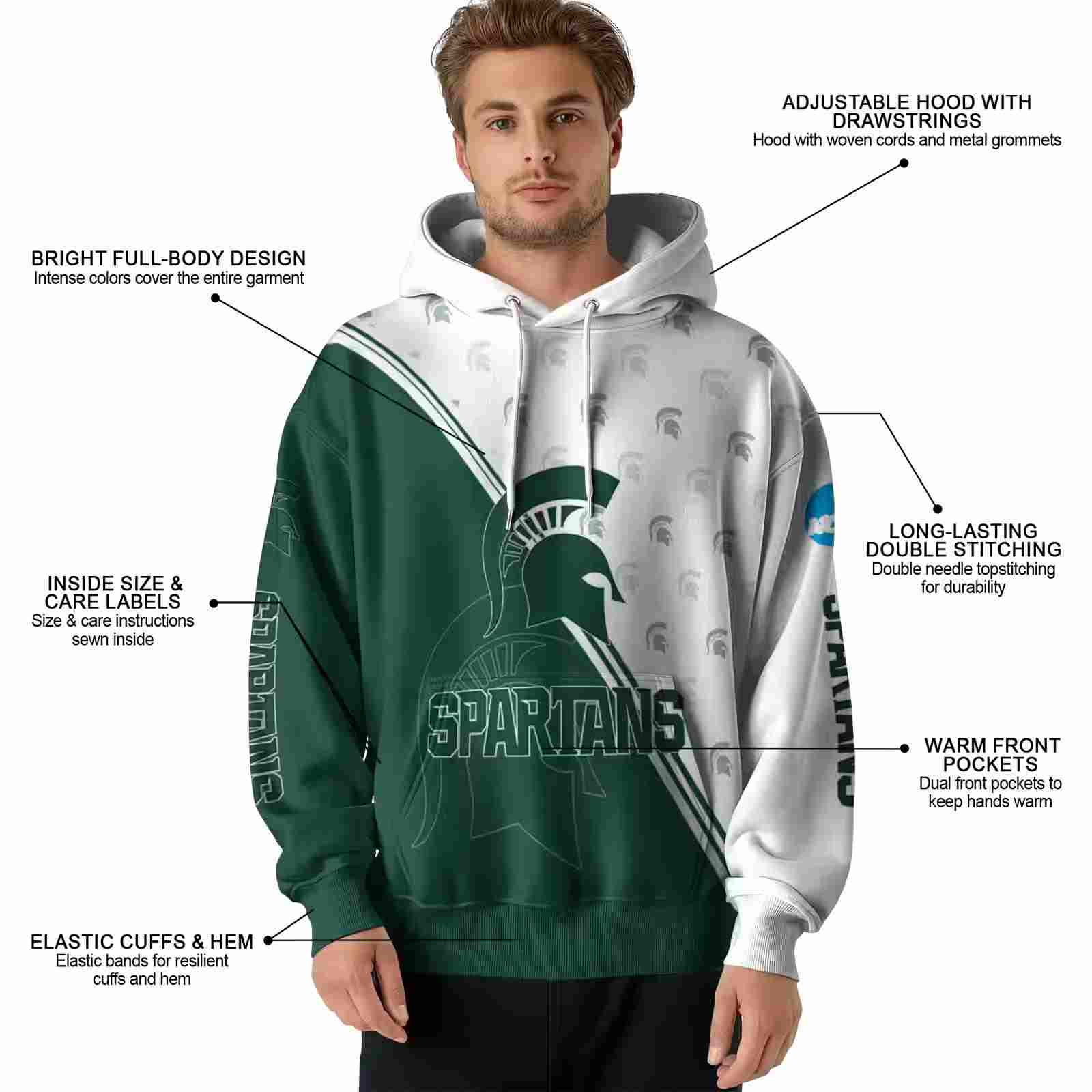 michigan state spartans diagonal stripe green white hoodie latest model