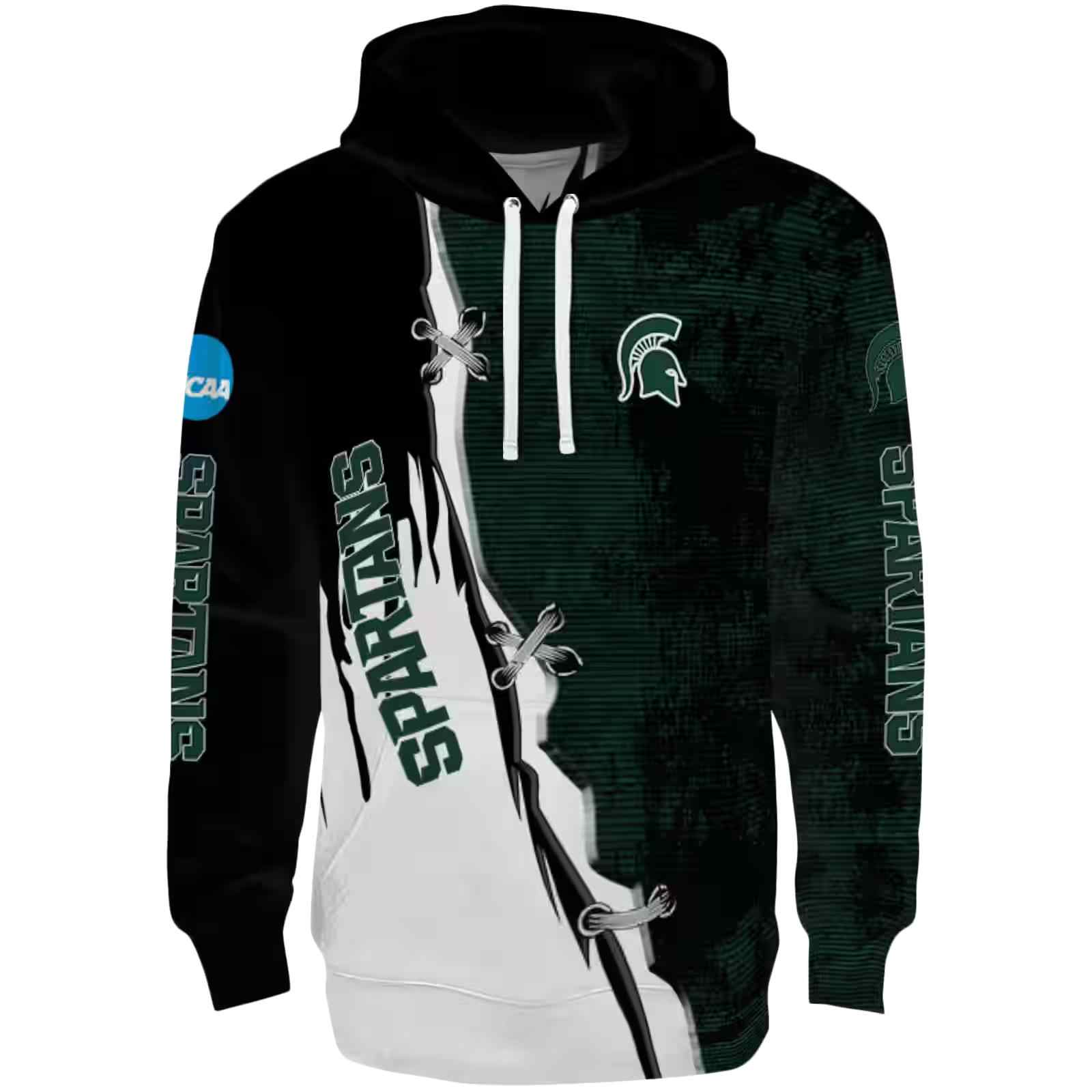 Michigan State Spartans Ripped Pattern Green Black White Hoodie