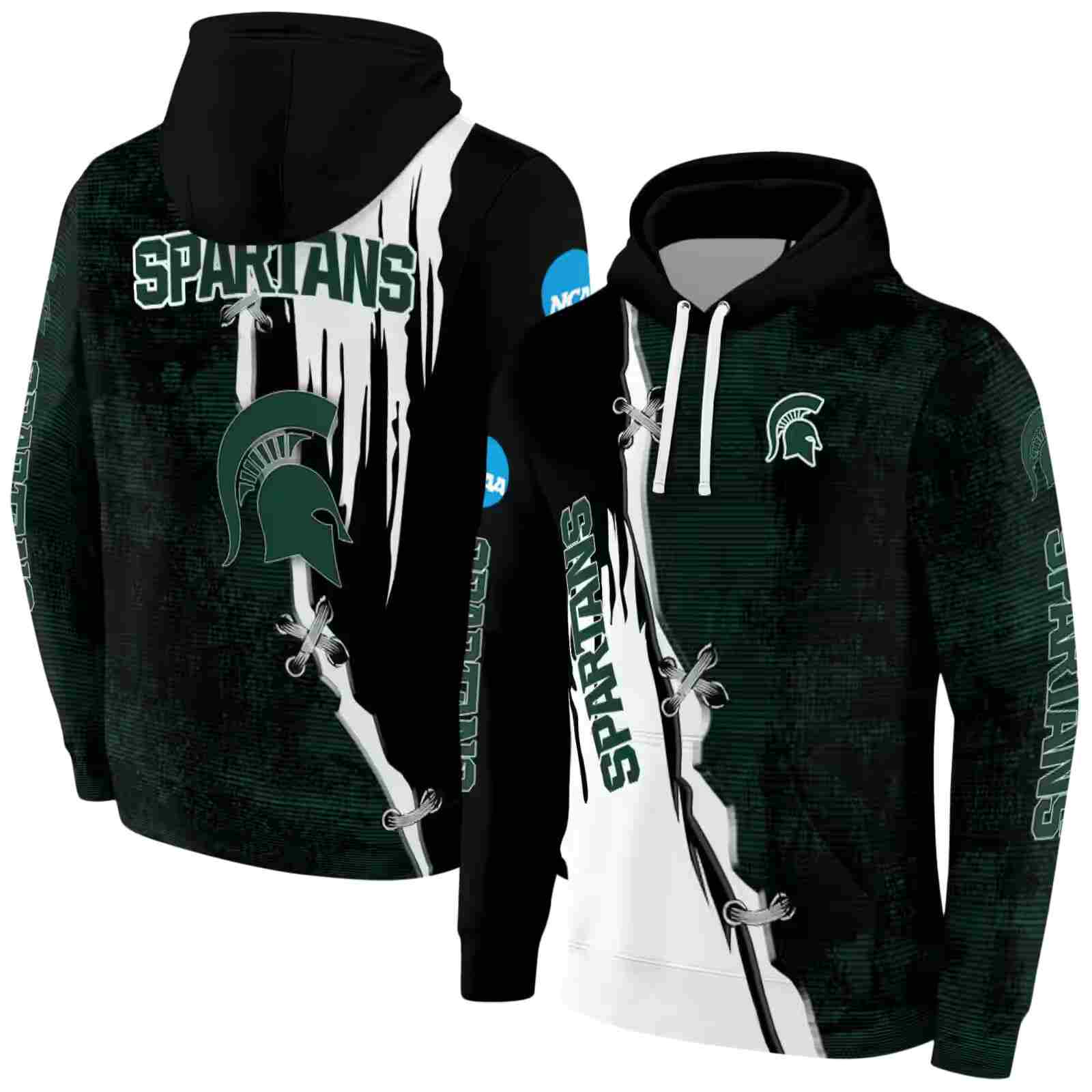 michigan state spartans ripped pattern green black white hoodie fashion forward