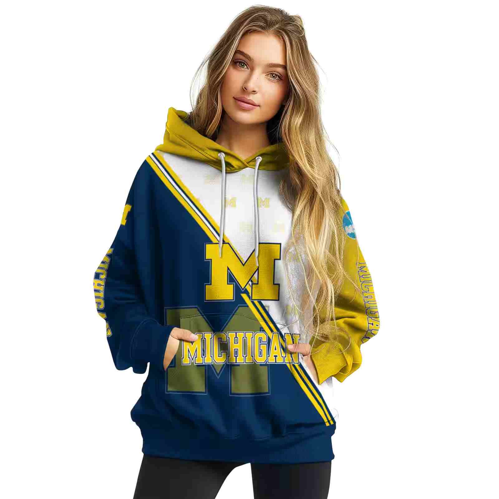 michigan wolverines diagonal stripe blue white hoodie high quality