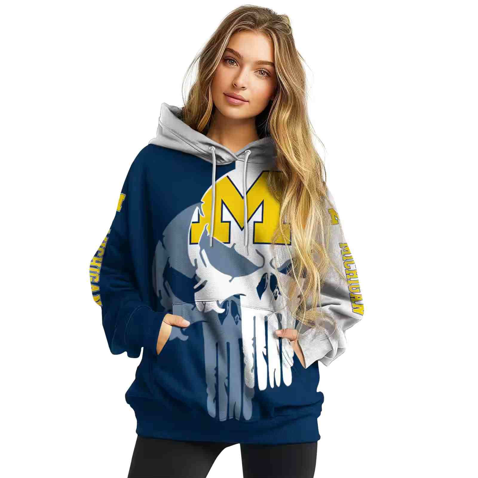 michigan wolverines graphic punisher blue white hoodie high quality