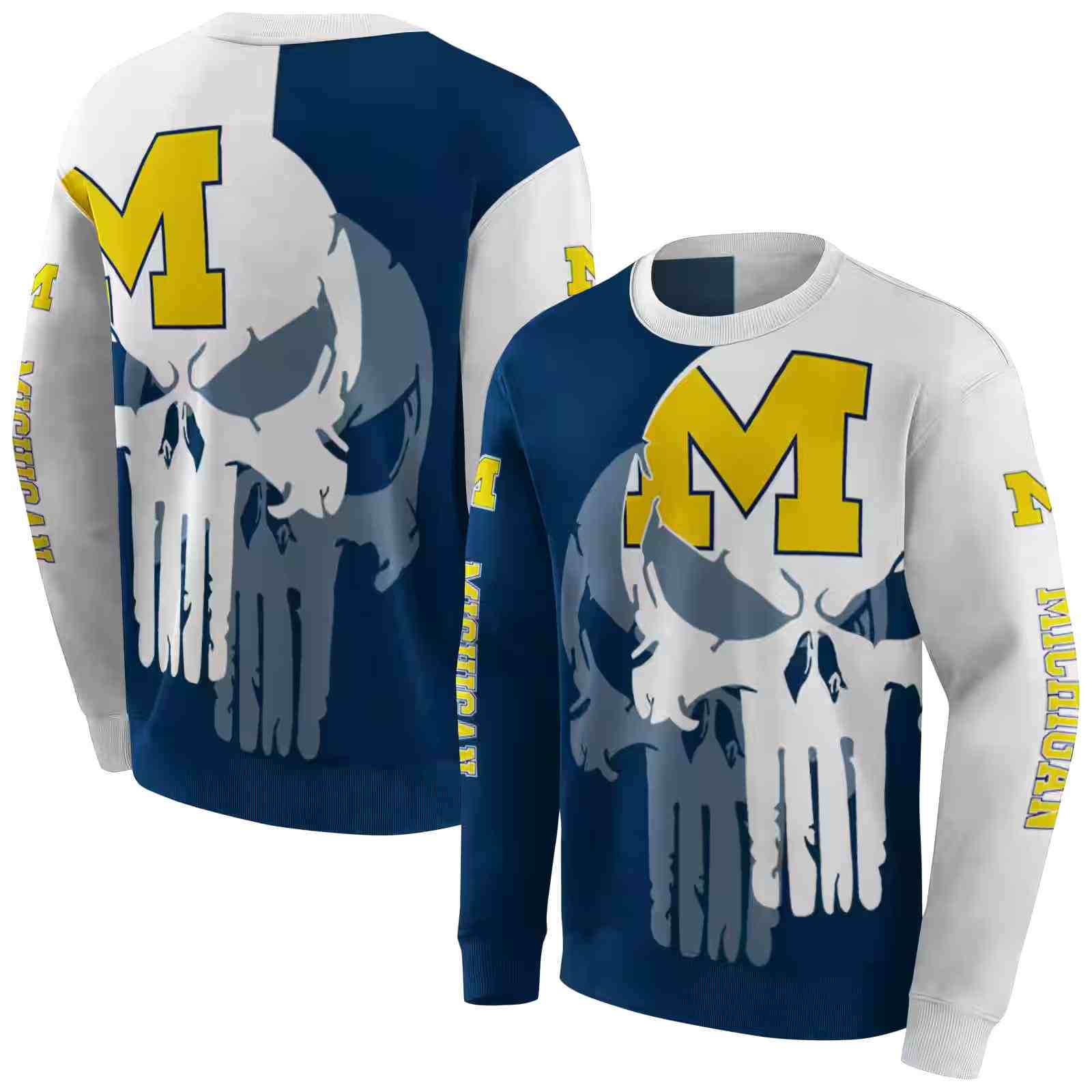 michigan wolverines graphic punisher blue white hoodie premium grade