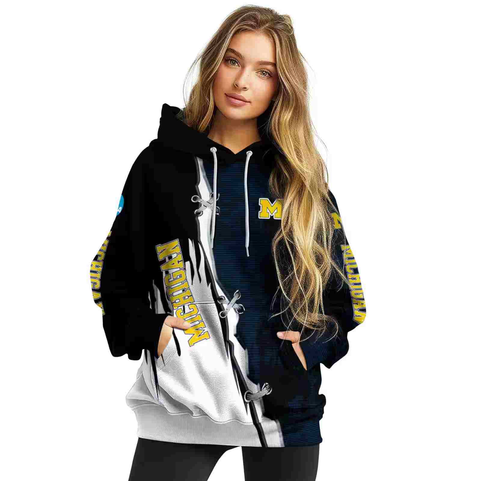 michigan wolverines ripped pattern blue black white hoodie high quality