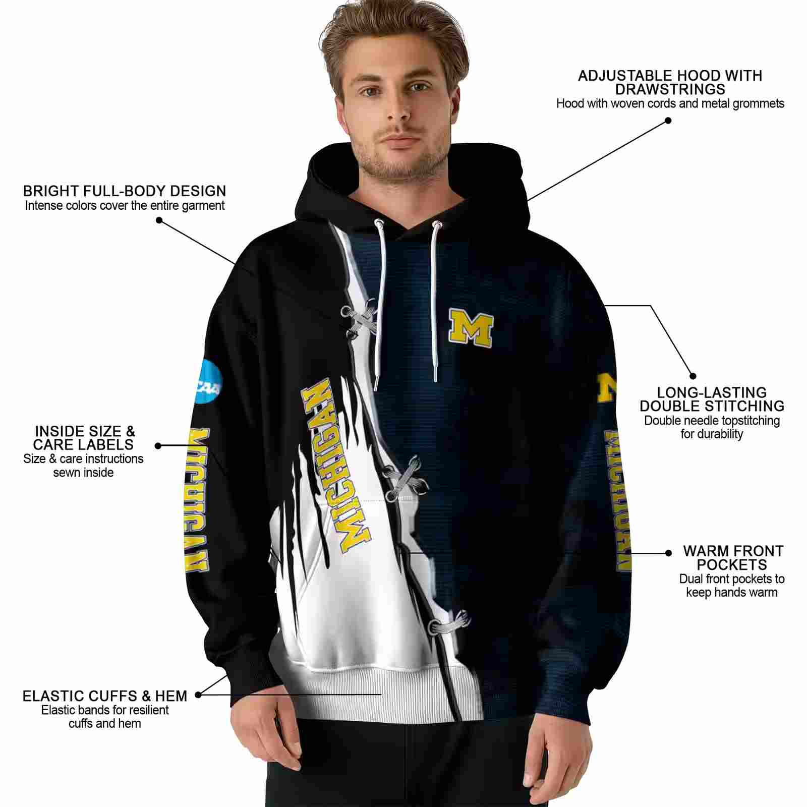 michigan wolverines ripped pattern blue black white hoodie latest model