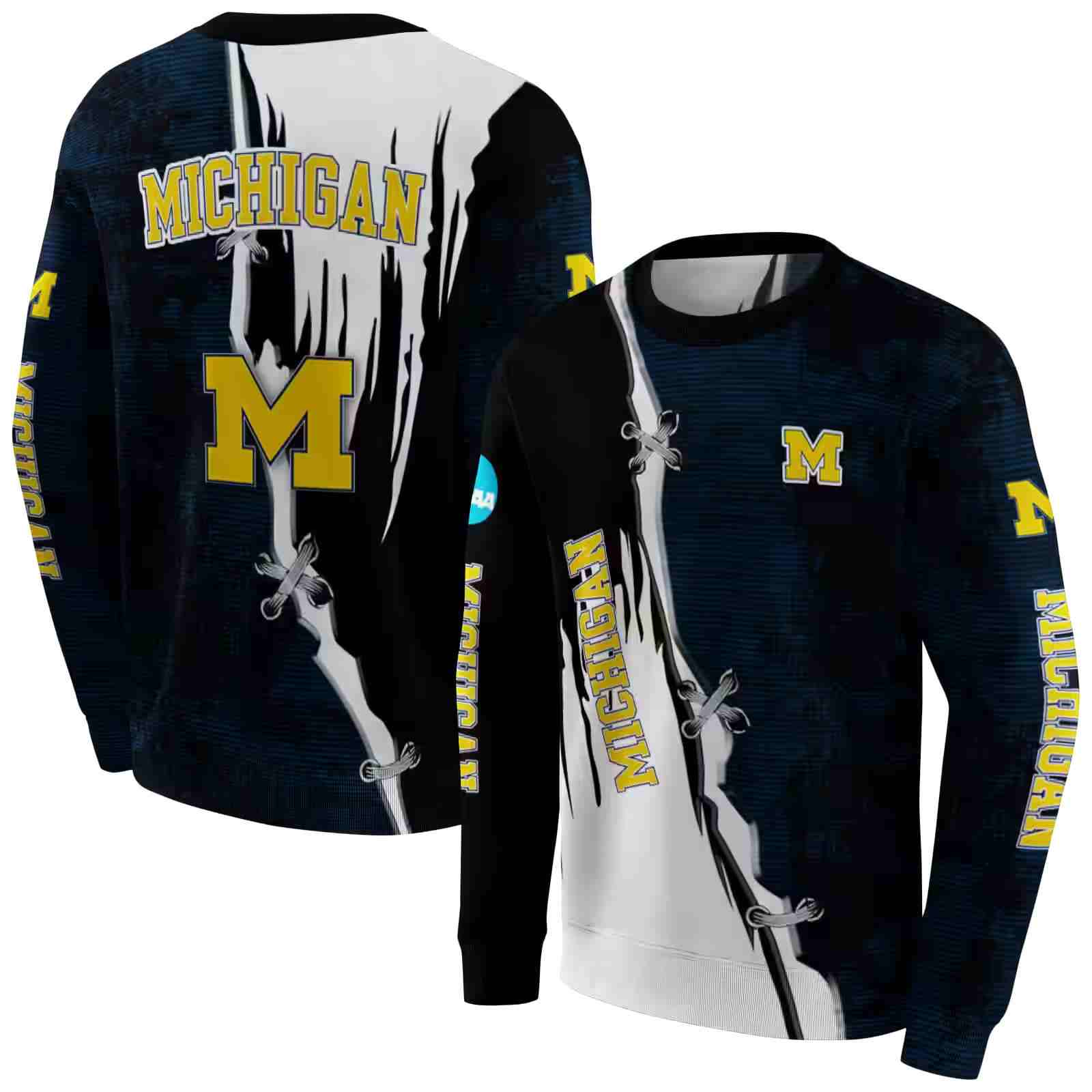 michigan wolverines ripped pattern blue black white hoodie premium grade