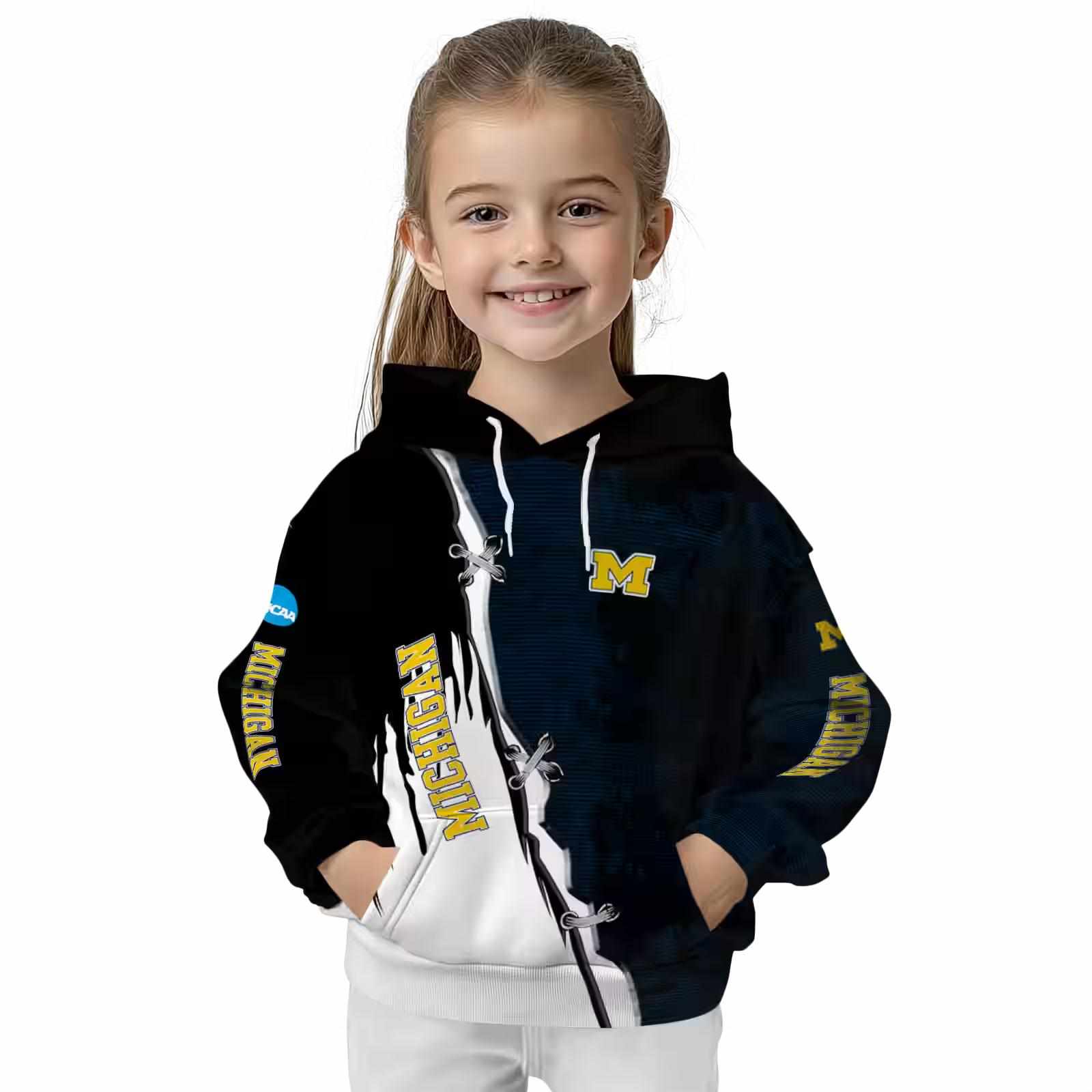 michigan wolverines ripped pattern blue black white hoodie top rated