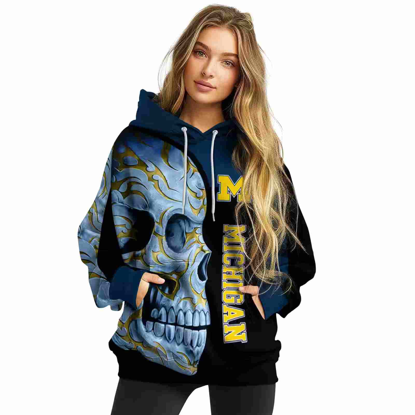 michigan wolverines skull motif blue black hoodie high quality