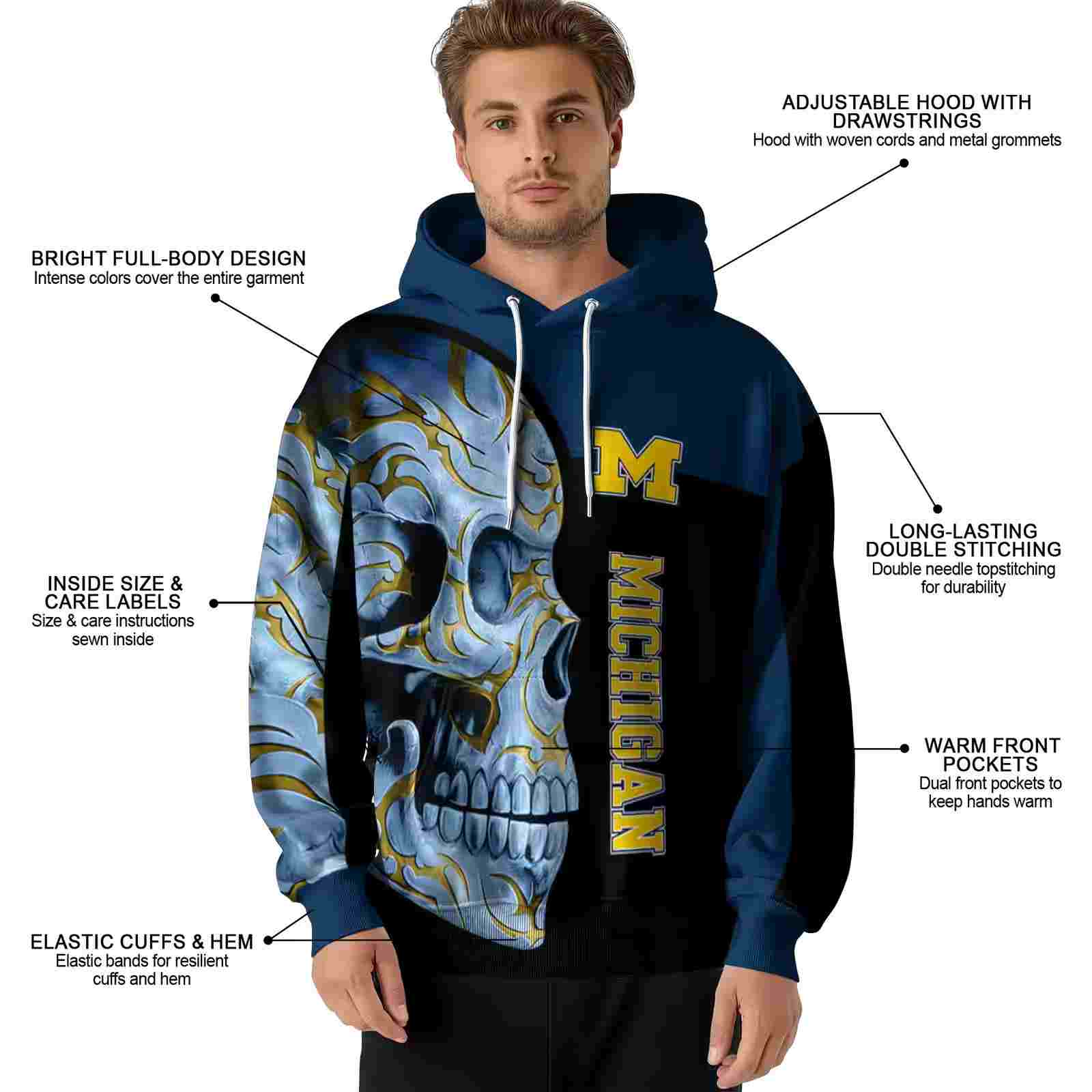 michigan wolverines skull motif blue black hoodie latest model