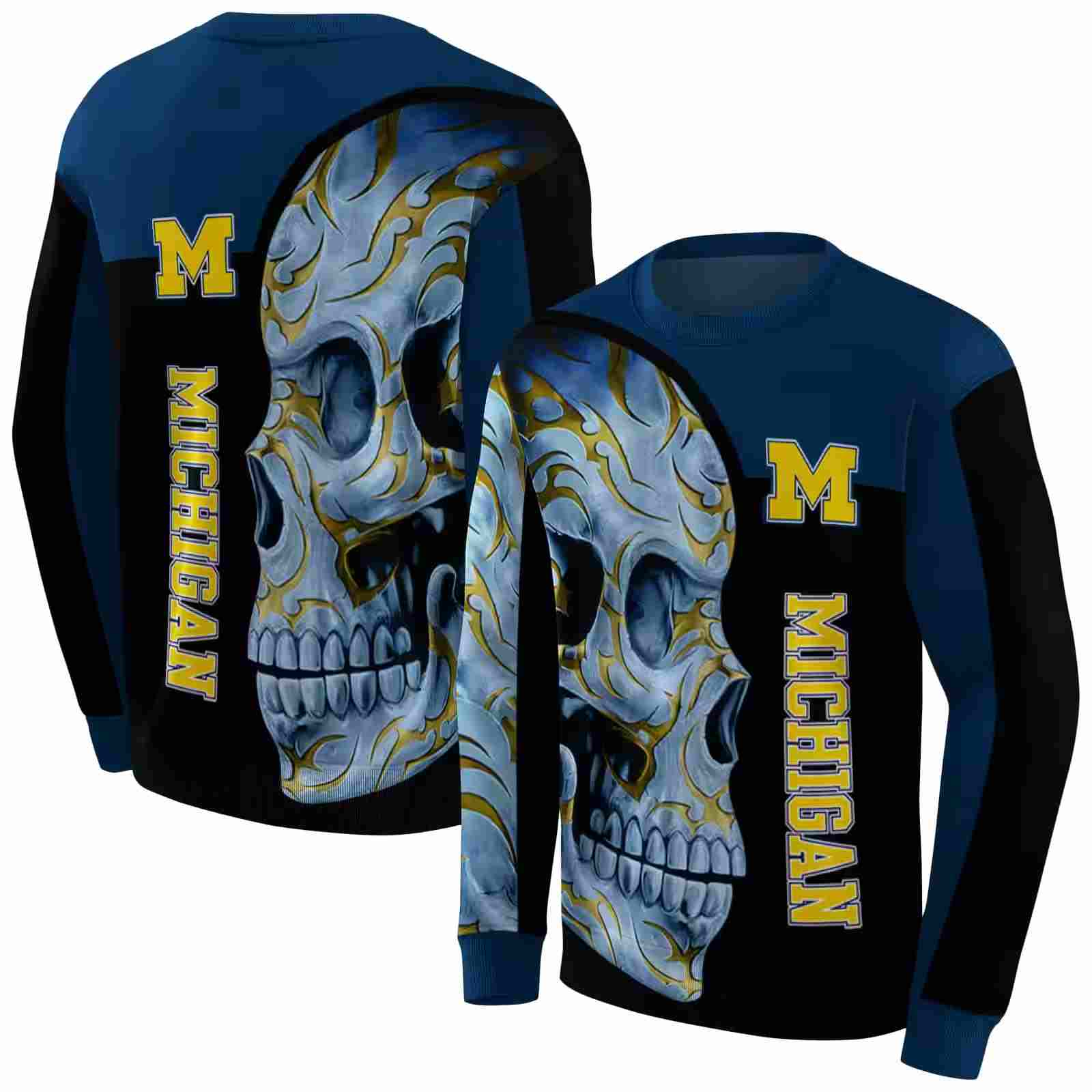 michigan wolverines skull motif blue black hoodie premium grade