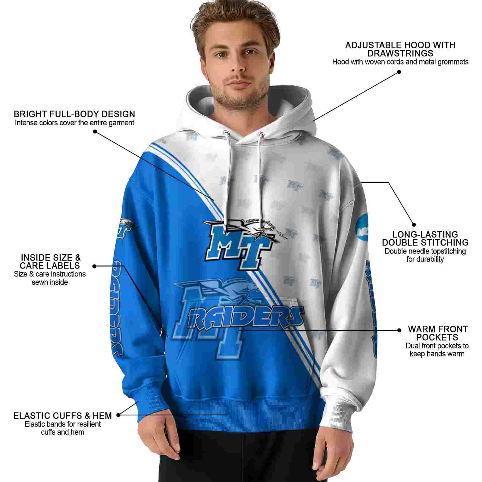 middle tennessee blue raiders diagonal stripe blue white hoodie latest model