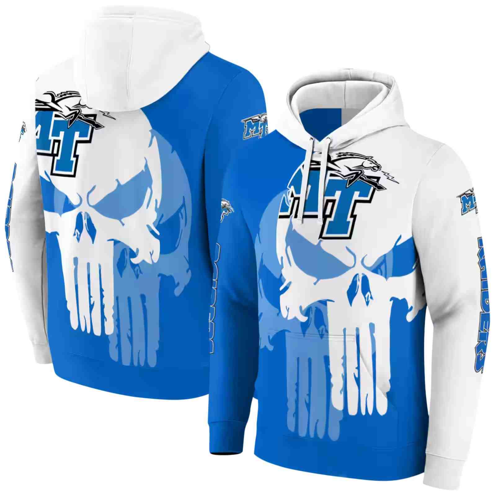 middle tennessee blue raiders graphic punisher blue white hoodie fashion forward