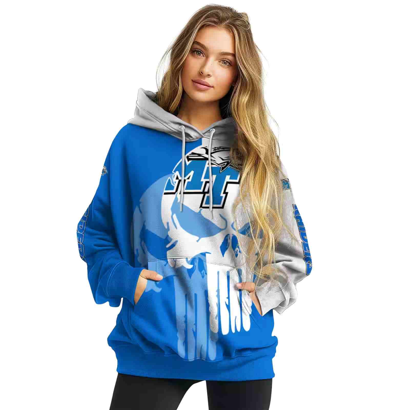 middle tennessee blue raiders graphic punisher blue white hoodie high quality