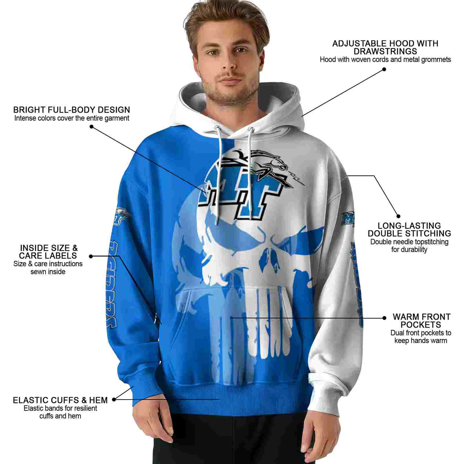 middle tennessee blue raiders graphic punisher blue white hoodie latest model