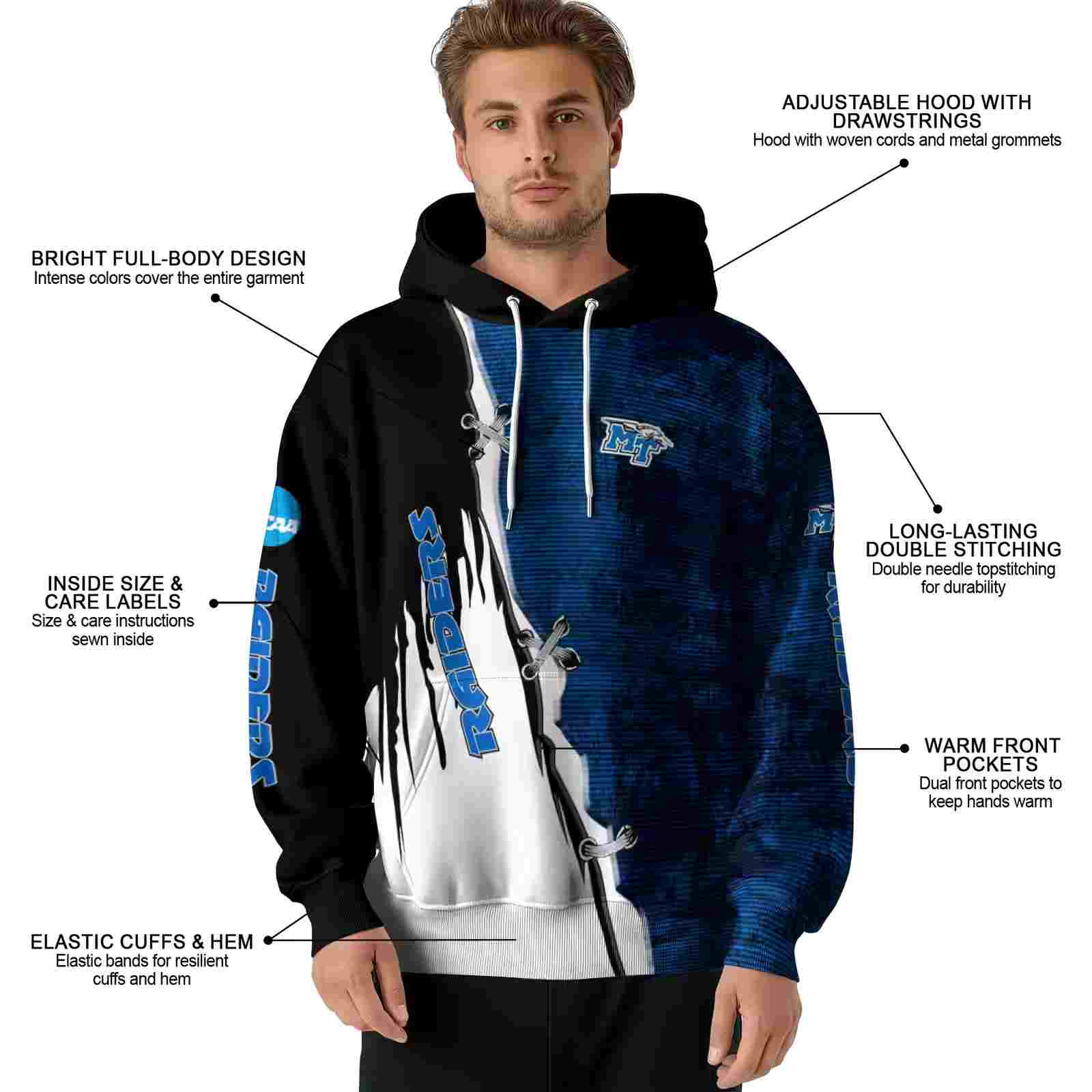 middle tennessee blue raiders ripped pattern blue black white hoodie latest model