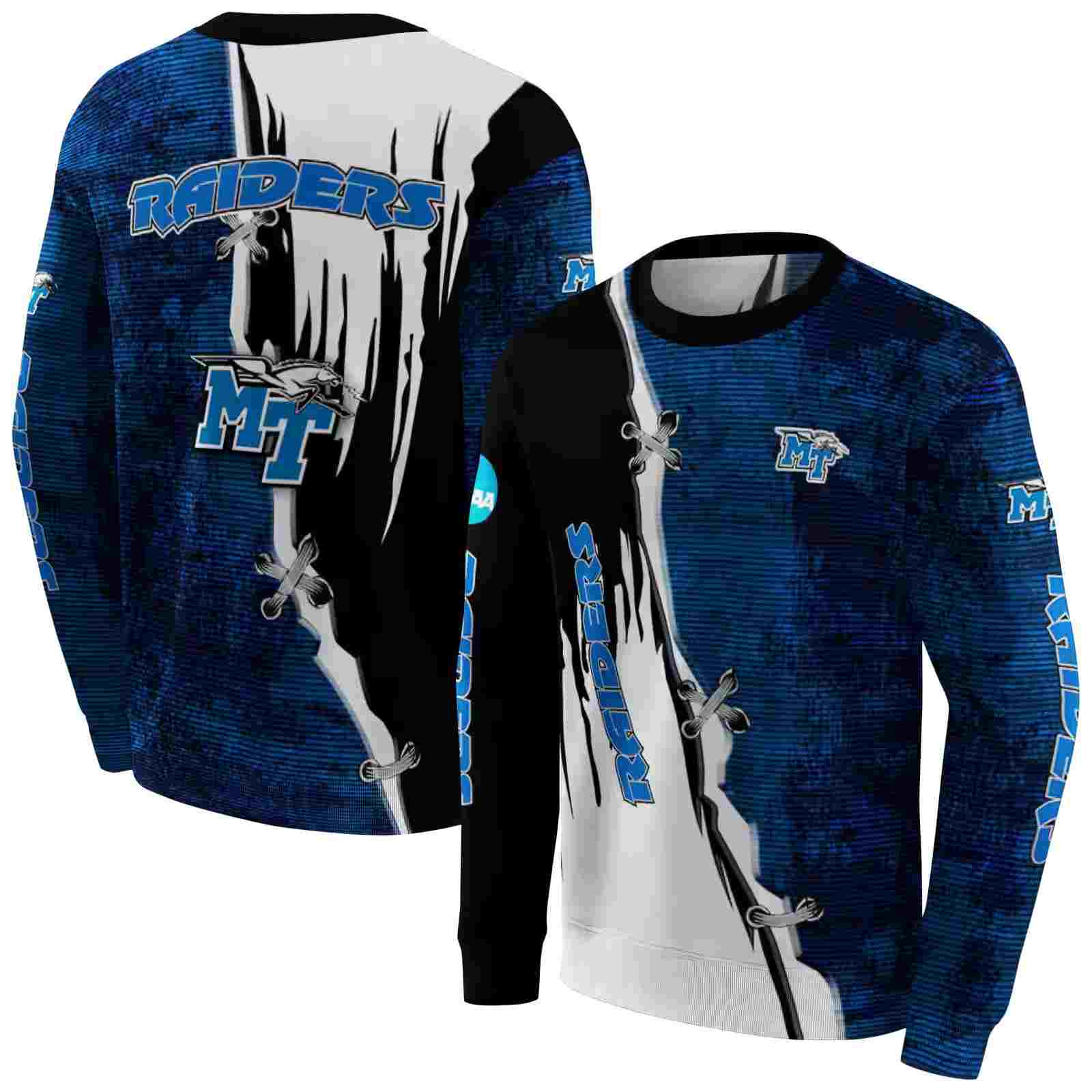 middle tennessee blue raiders ripped pattern blue black white hoodie premium grade