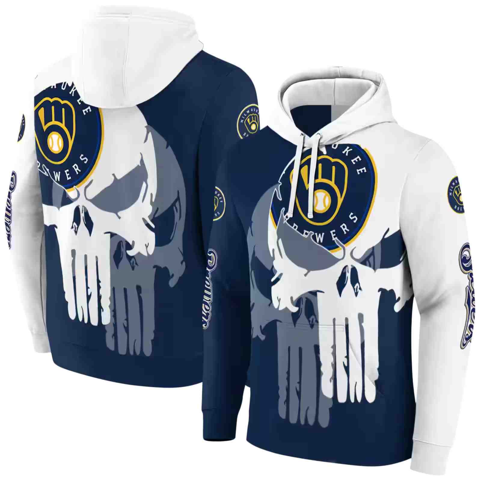 milwaukee brewers graphic punisher navy blue white hoodie fashion forward