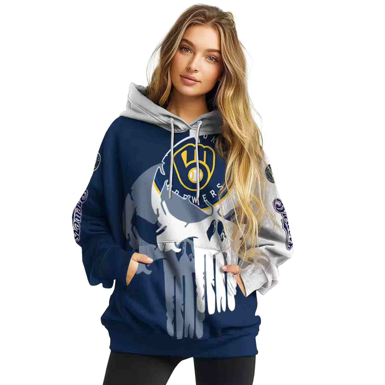 milwaukee brewers graphic punisher navy blue white hoodie high quality