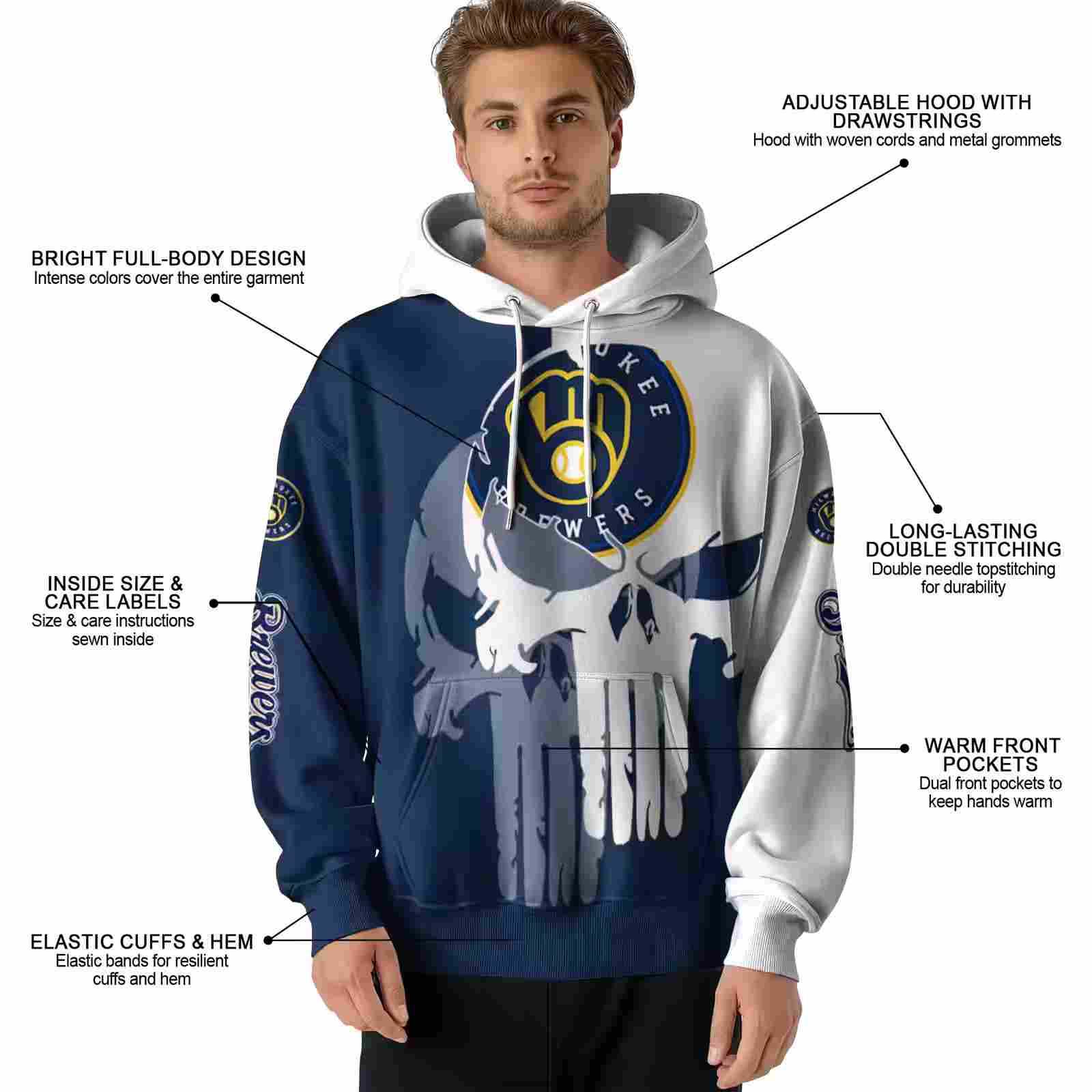 milwaukee brewers graphic punisher navy blue white hoodie latest model