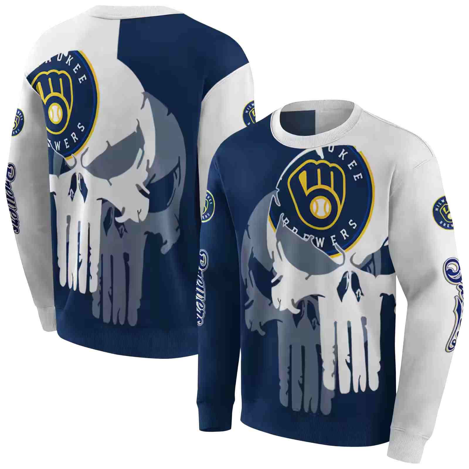 milwaukee brewers graphic punisher navy blue white hoodie premium grade