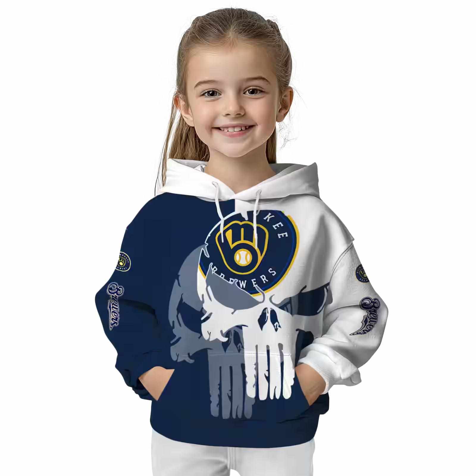 milwaukee brewers graphic punisher navy blue white hoodie top rated