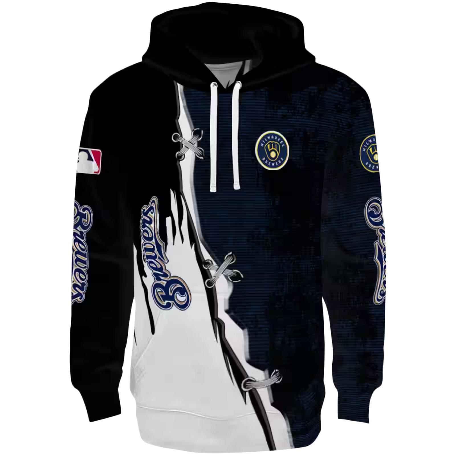 Milwaukee Brewers Ripped Pattern Navy Blue Black White Hoodie