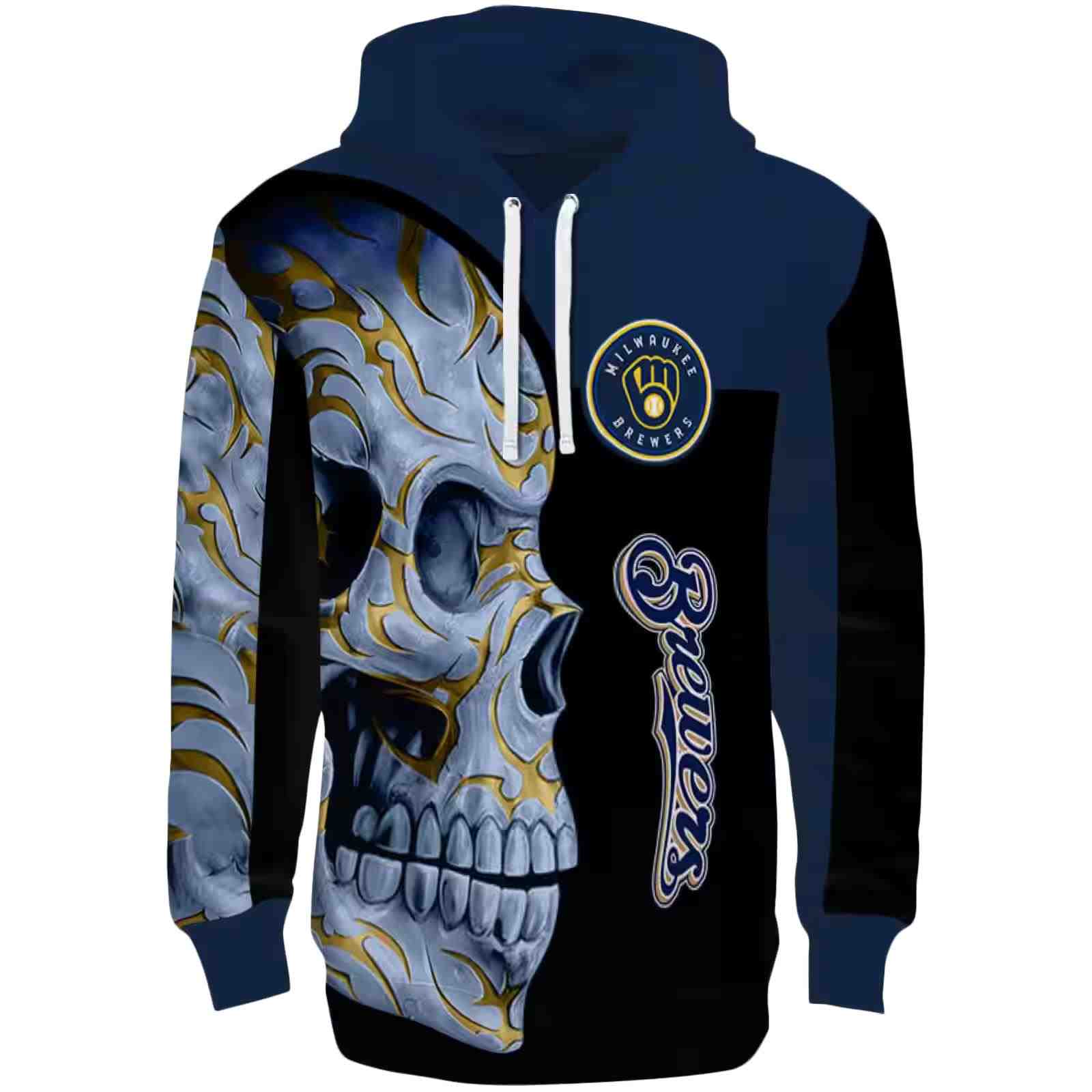 Milwaukee Brewers Skull Motif Navy Blue Black Hoodie