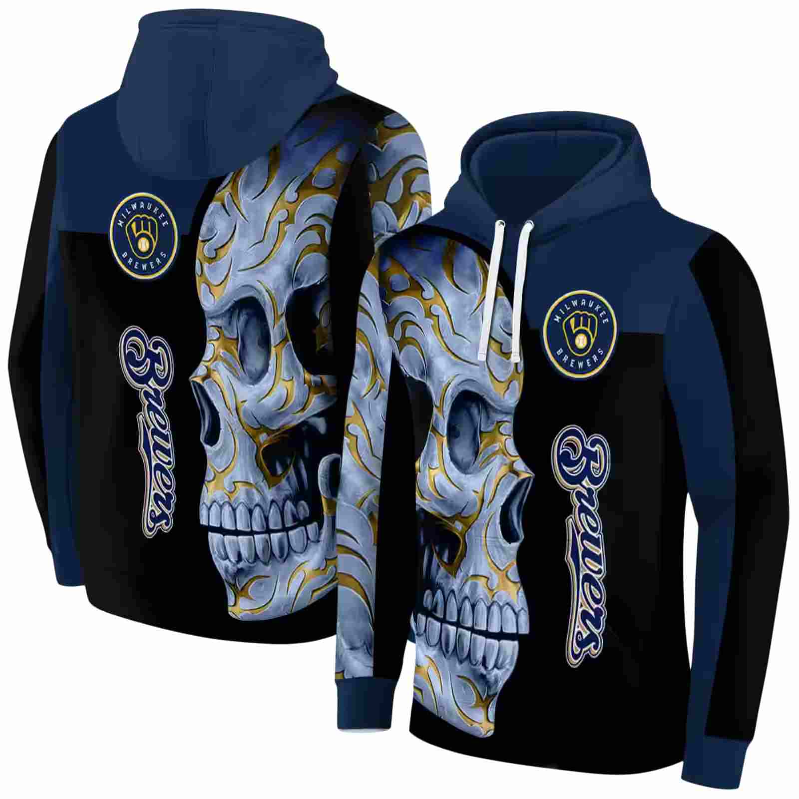 milwaukee brewers skull motif navy blue black hoodie fashion forward