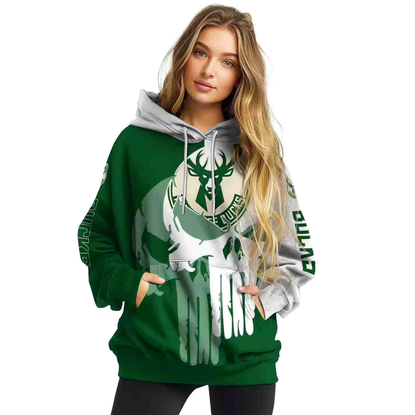 milwaukee bucks graphic punisher green white hoodie high quality