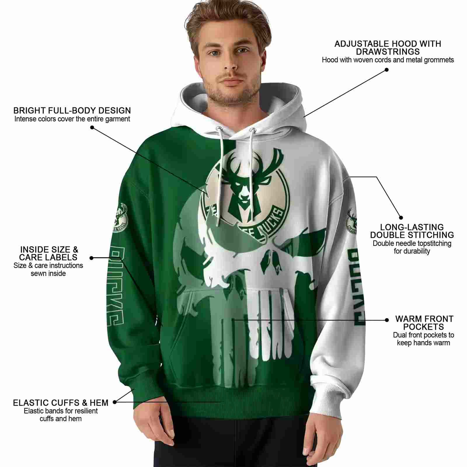 milwaukee bucks graphic punisher green white hoodie latest model