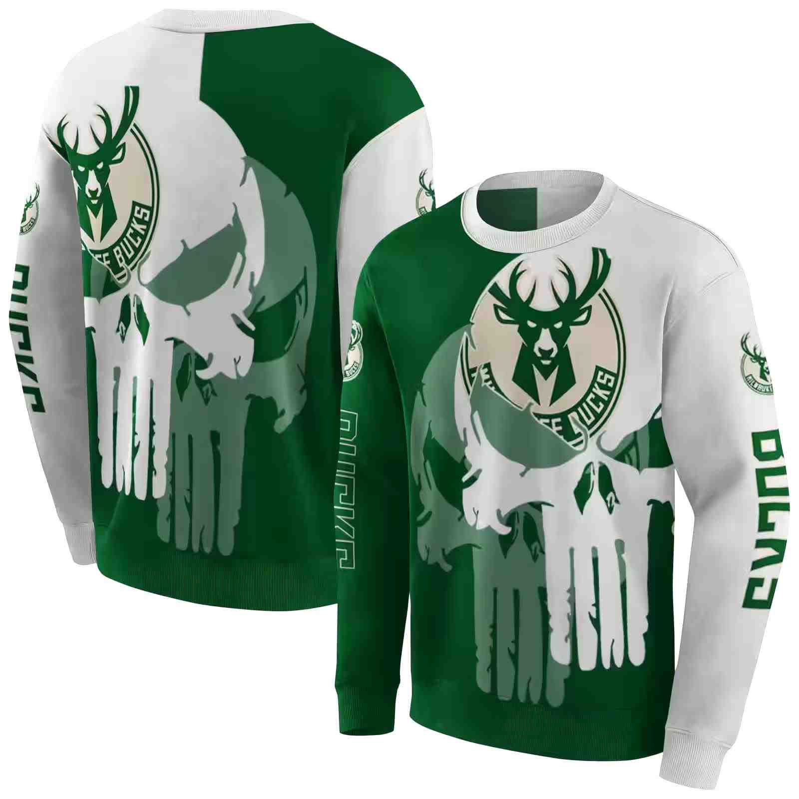 milwaukee bucks graphic punisher green white hoodie premium grade