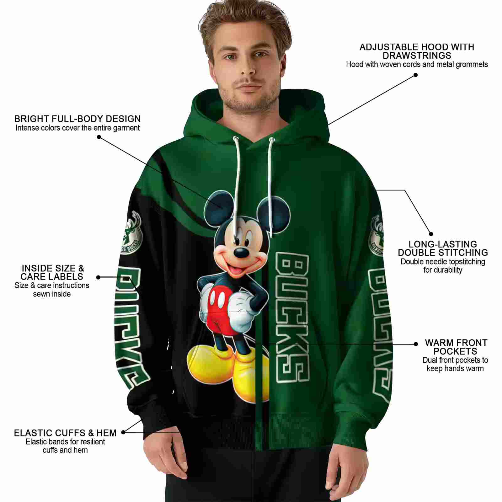 milwaukee bucks mickey mouse green black hoodie latest model