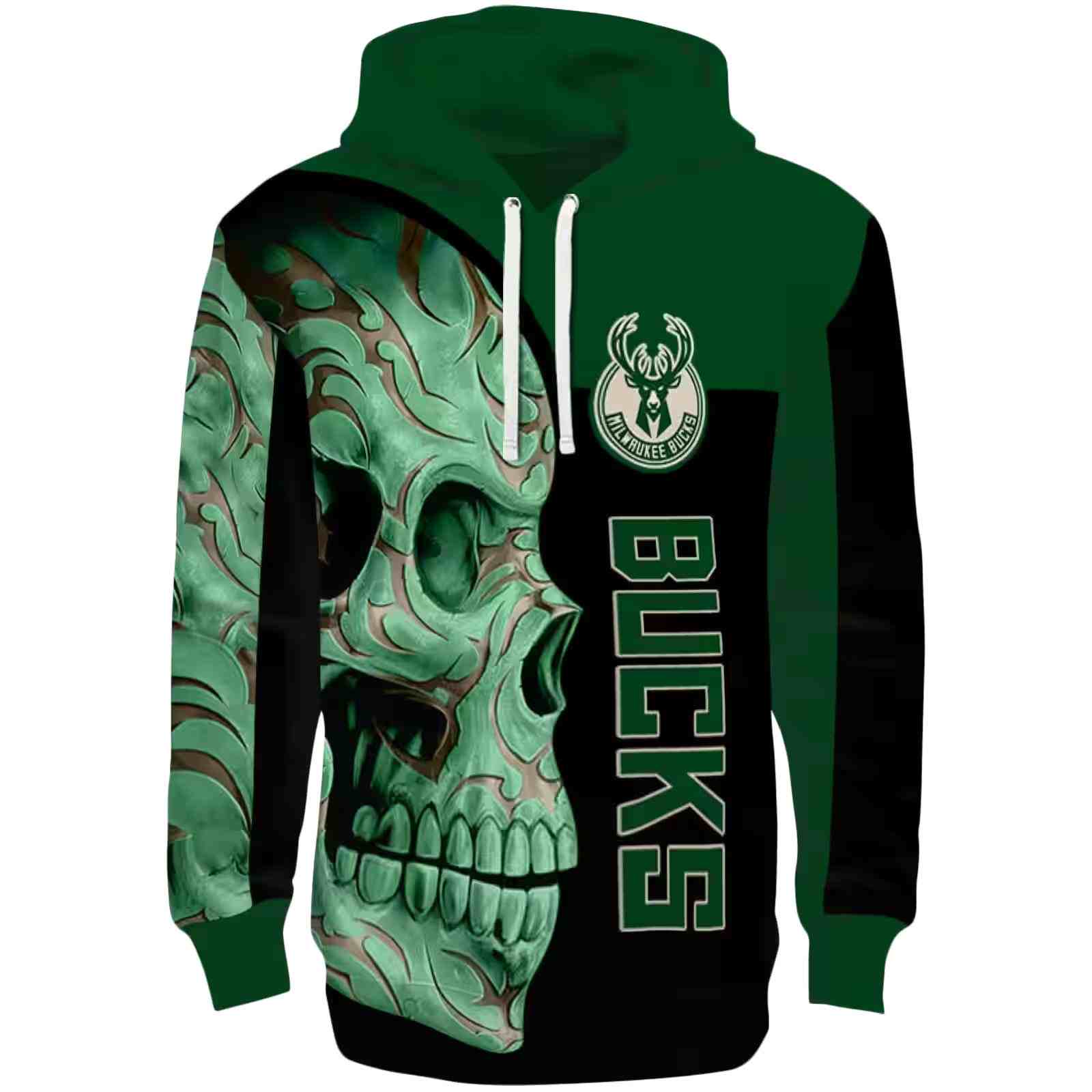 Milwaukee Bucks Skull Motif Green Black Hoodie