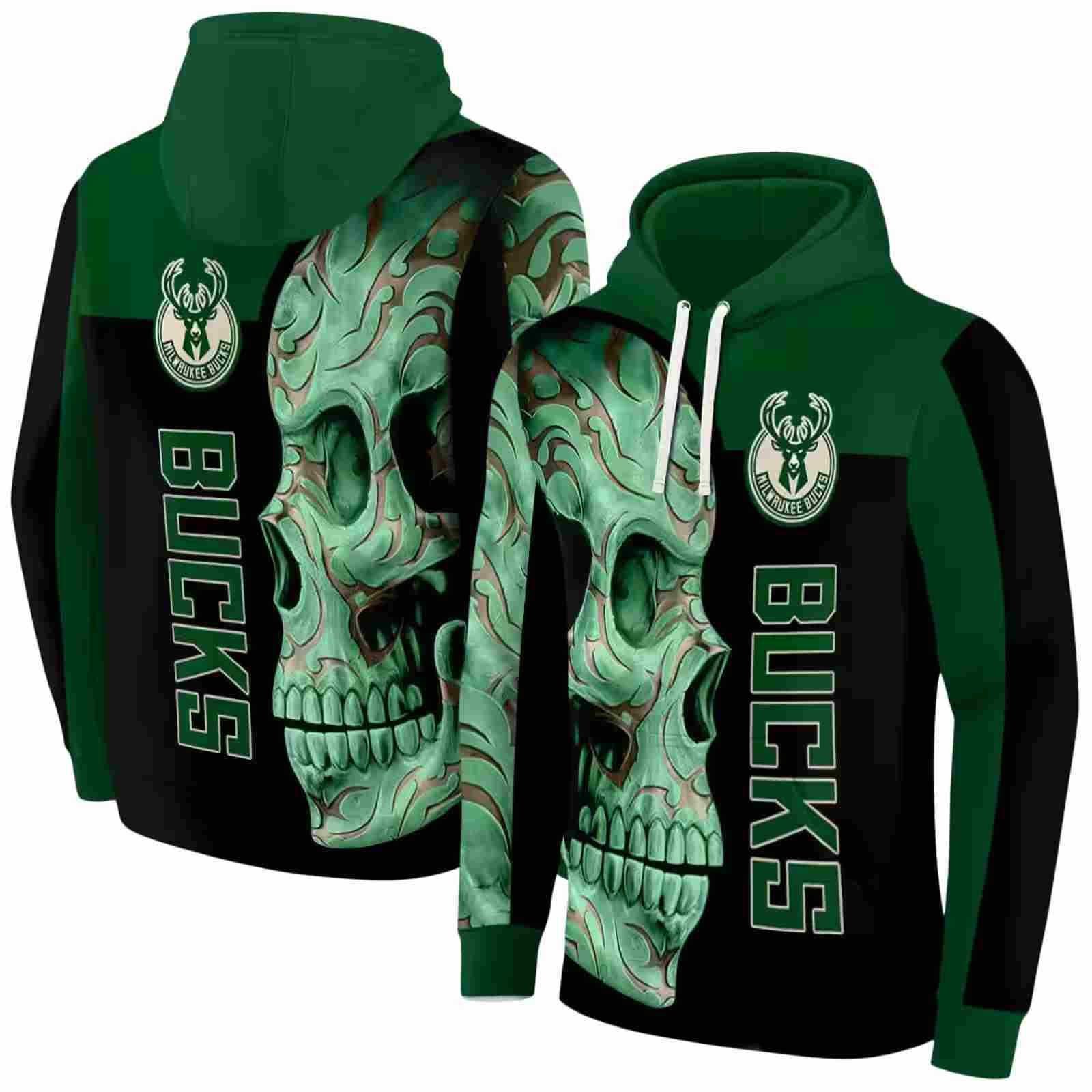 milwaukee bucks skull motif green black hoodie fashion forward