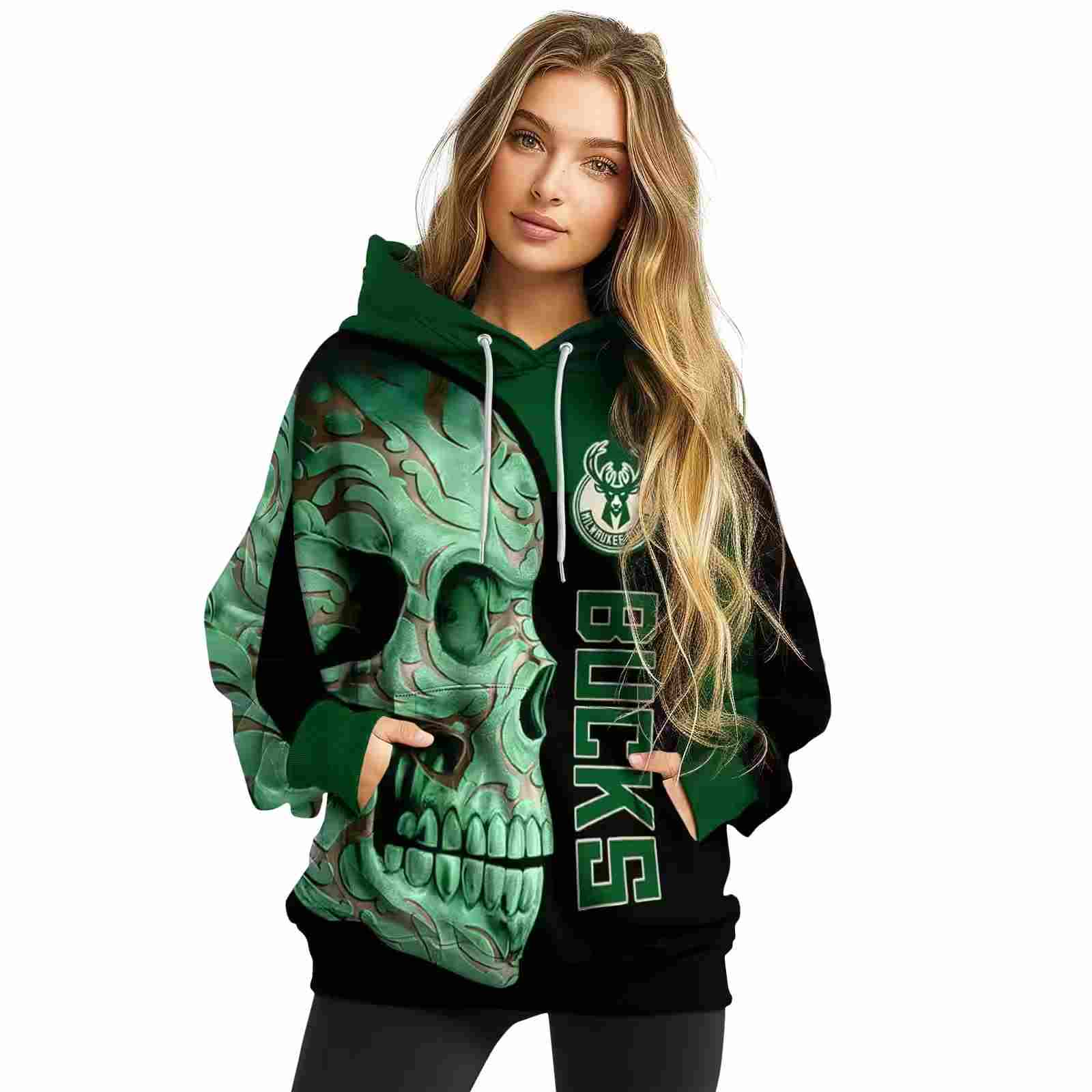 milwaukee bucks skull motif green black hoodie high quality