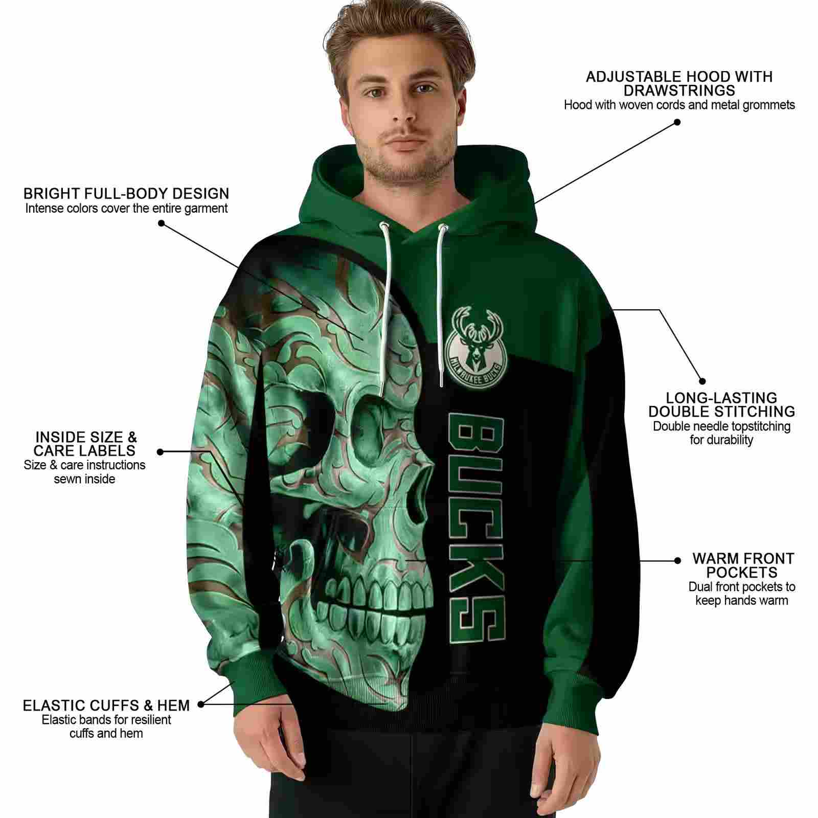 milwaukee bucks skull motif green black hoodie latest model