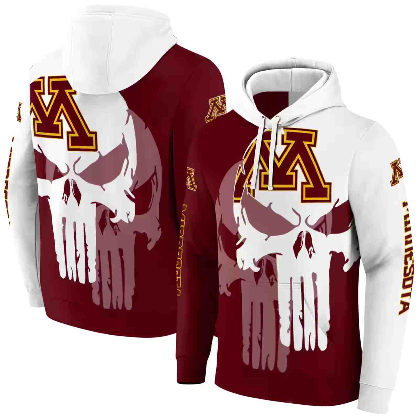 minnesota golden gophers graphic punisher maroon white hoodie fashion forward