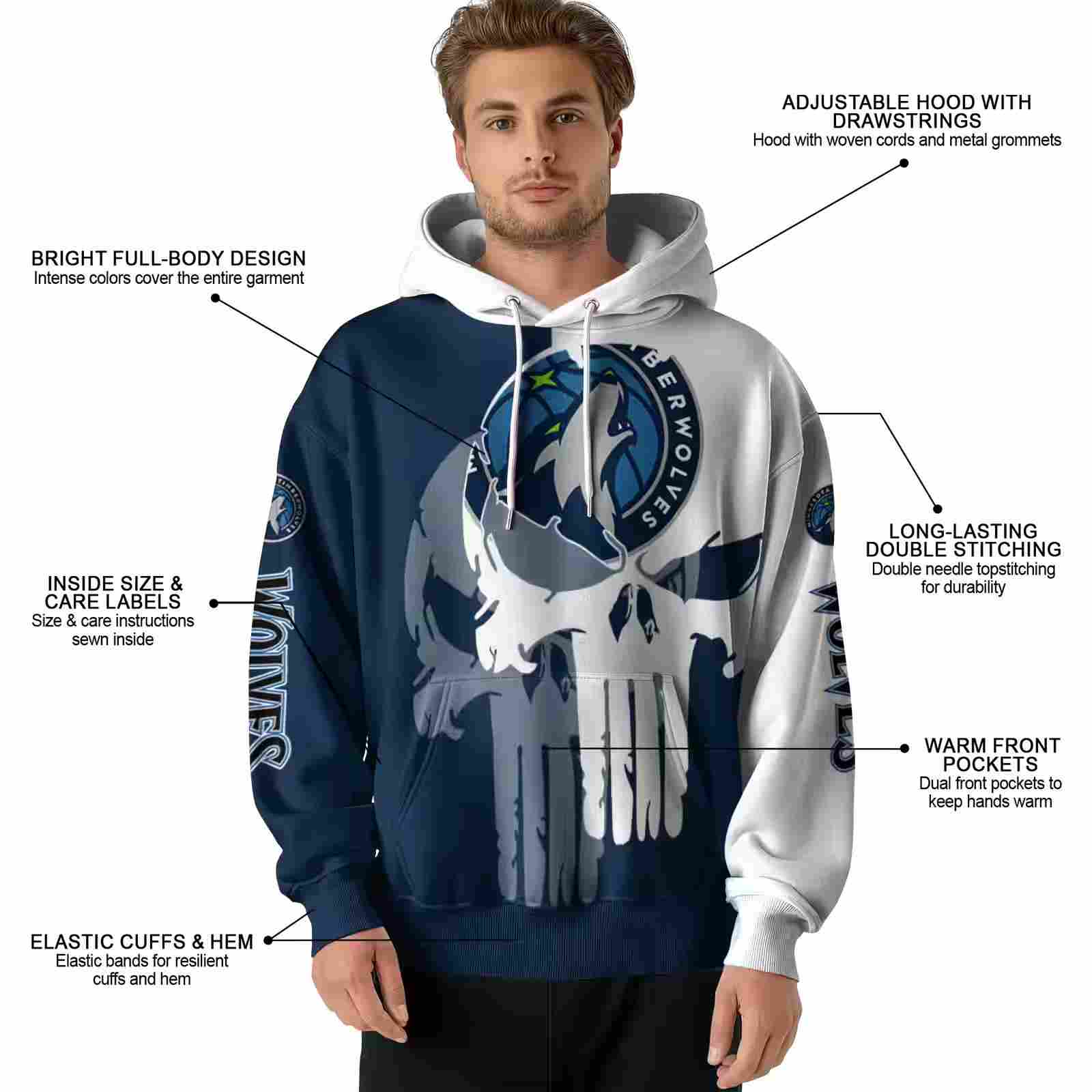 minnesota timberwolves graphic punisher midnight blue white hoodie latest model