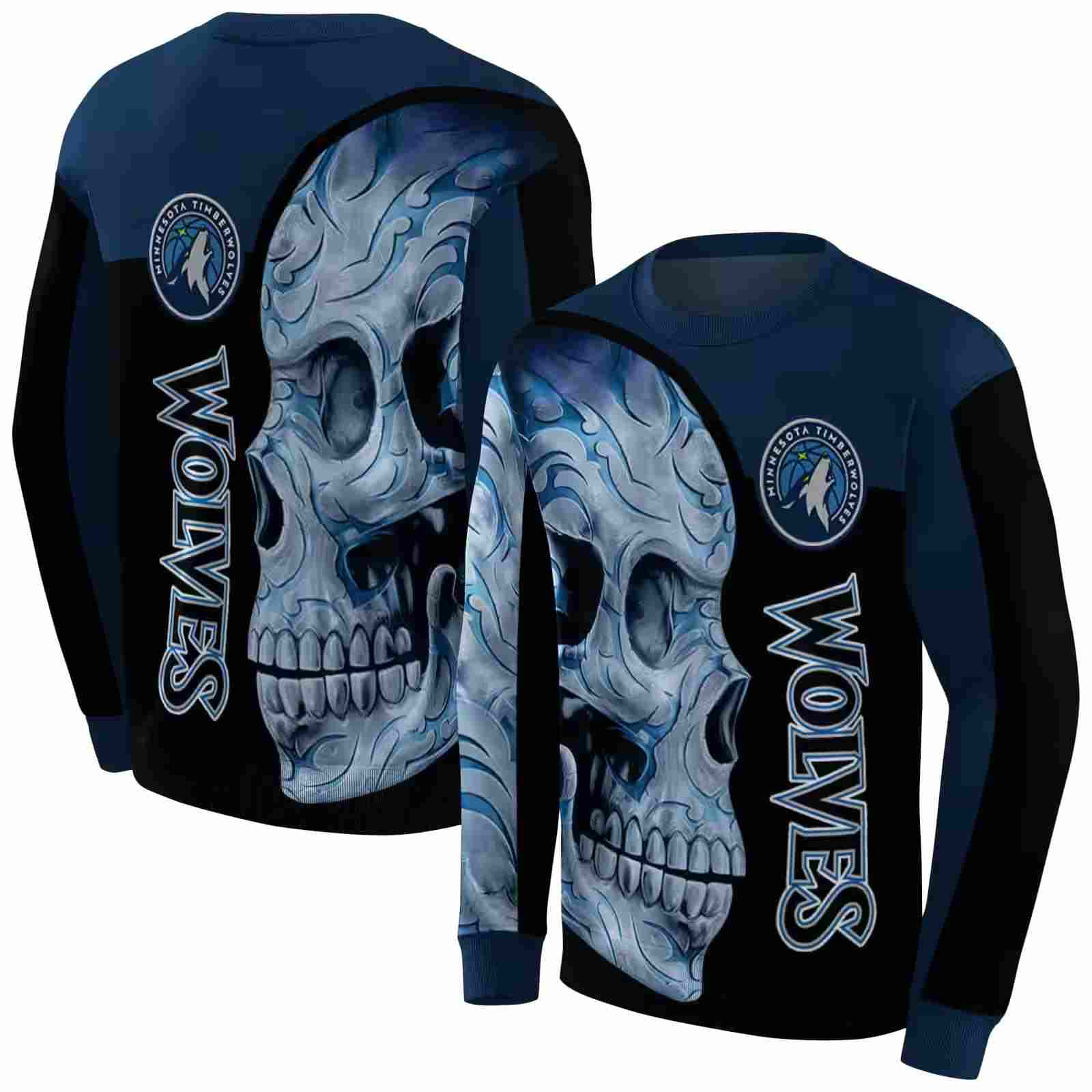 minnesota timberwolves skull motif midnight blue black hoodie premium grade