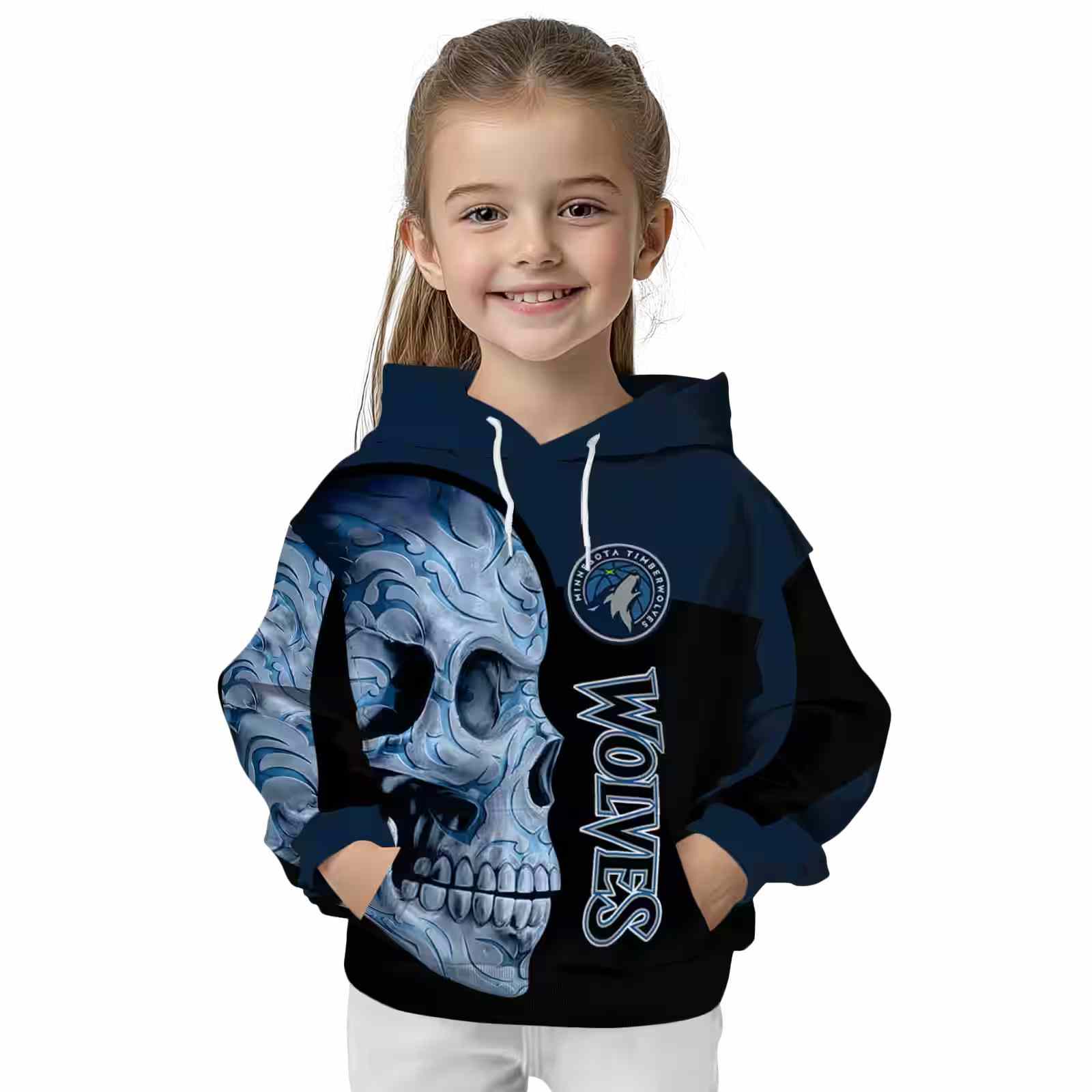 minnesota timberwolves skull motif midnight blue black hoodie top rated