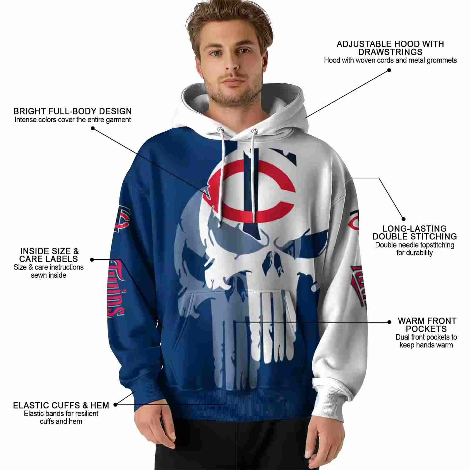 minnesota twins graphic punisher navy white hoodie latest model