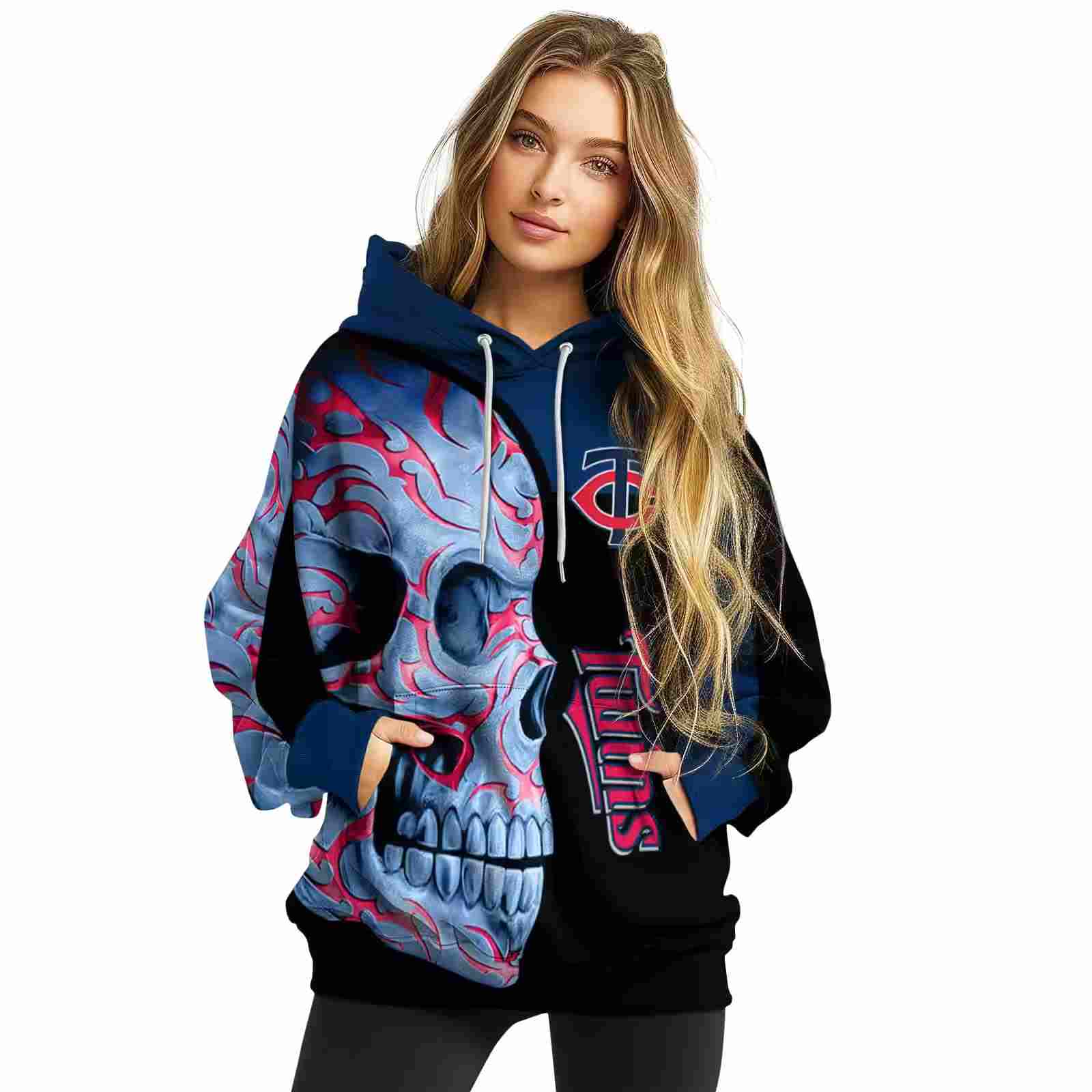 minnesota twins skull motif navy black hoodie high quality